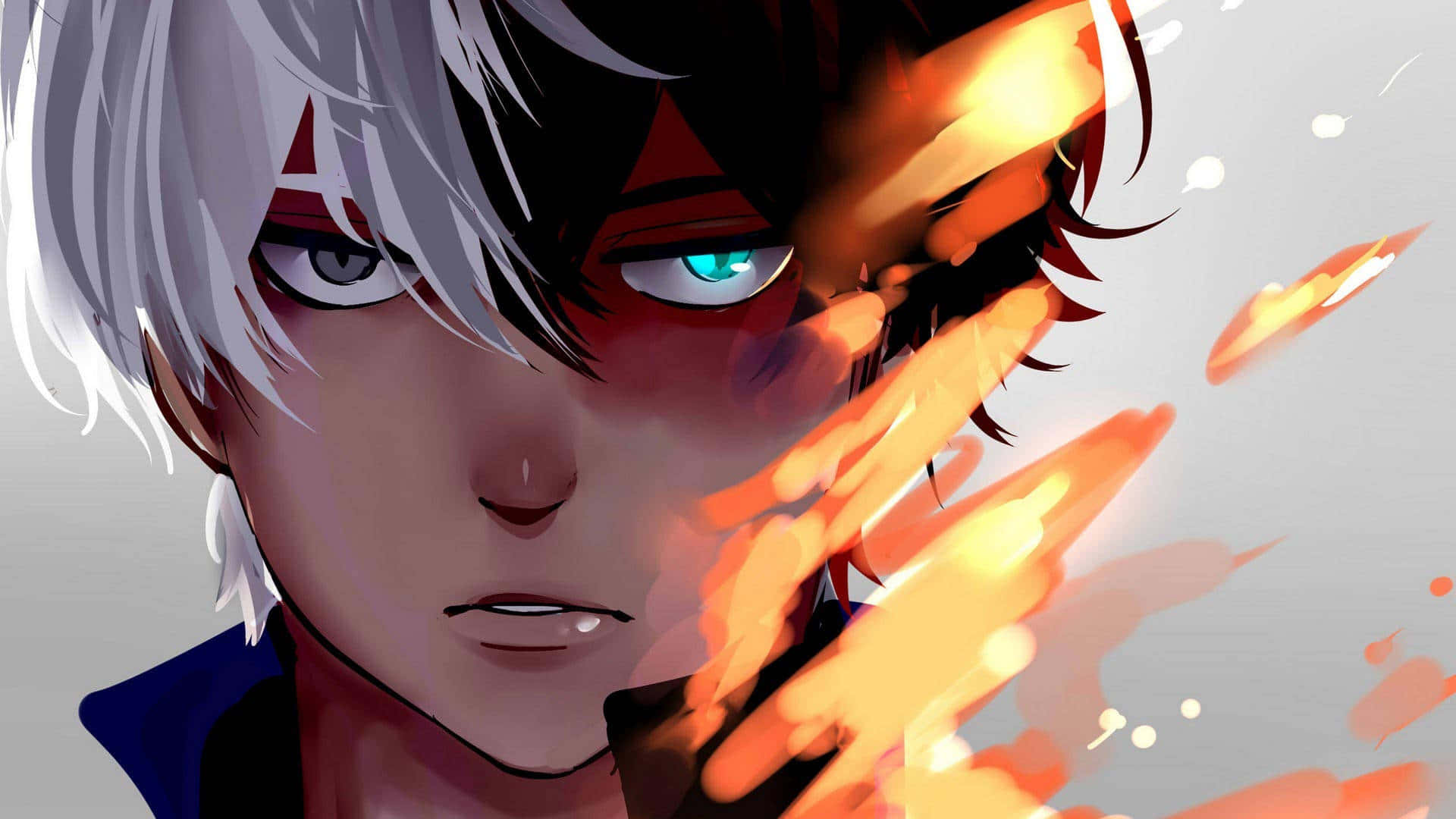 My Hero Academia Aesthetic 桌布 壁紙 — 動漫角色，頭髮半白半黑，藍色眼睛發光，被火熱的橙色能量包圍。