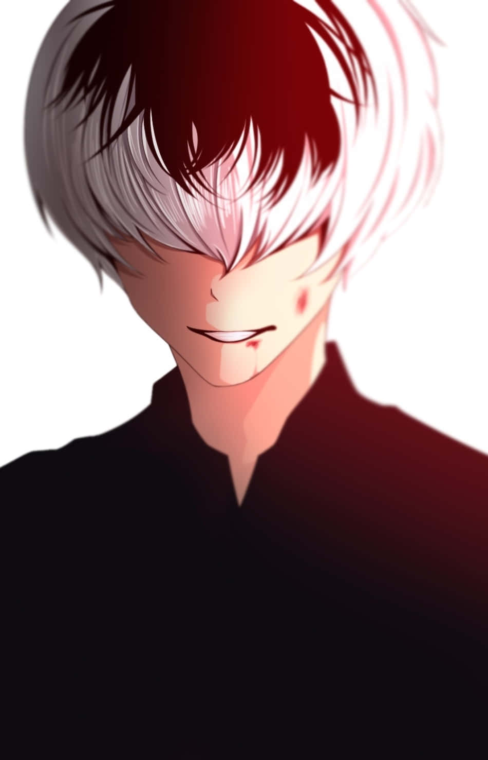 Kaneki Phone 桌布 壁紙 — 動漫角色，頭髮半黑半白，在純白背景上帶著微妙笑容。
