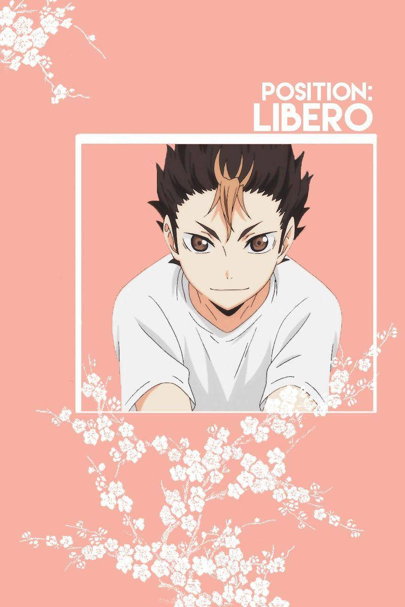 yu nishinoya 桌布 壁紙 — 動漫角色，頭髮豎起，眼神銳利，以白色櫻花襯托在柔和粉紅色背景上。