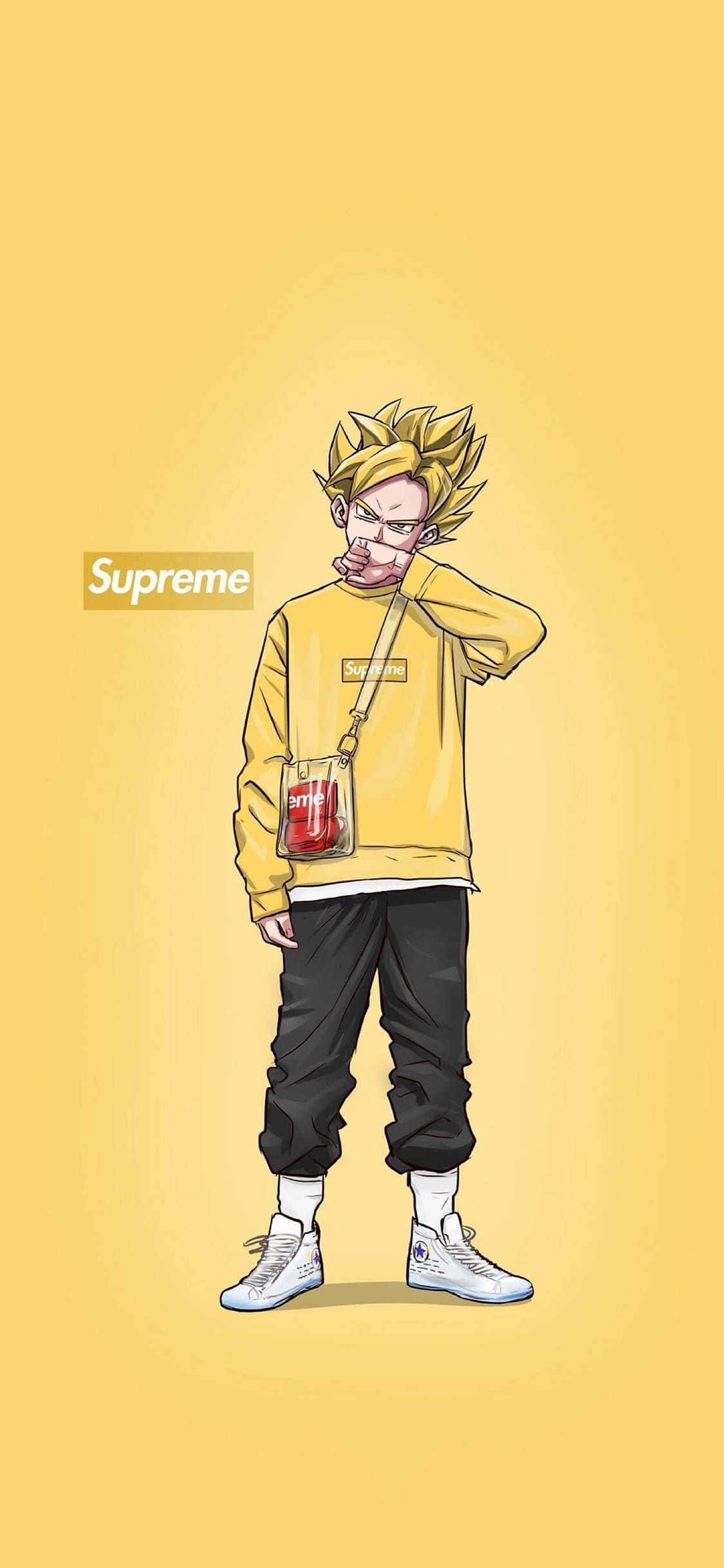 Cool Supreme Anime 桌布 壁紙 — 動漫角色，黃色尖刺頭髮，穿著黃色Supreme連帽衫，袋中裝著紅色汽水，背景為純黃色。
