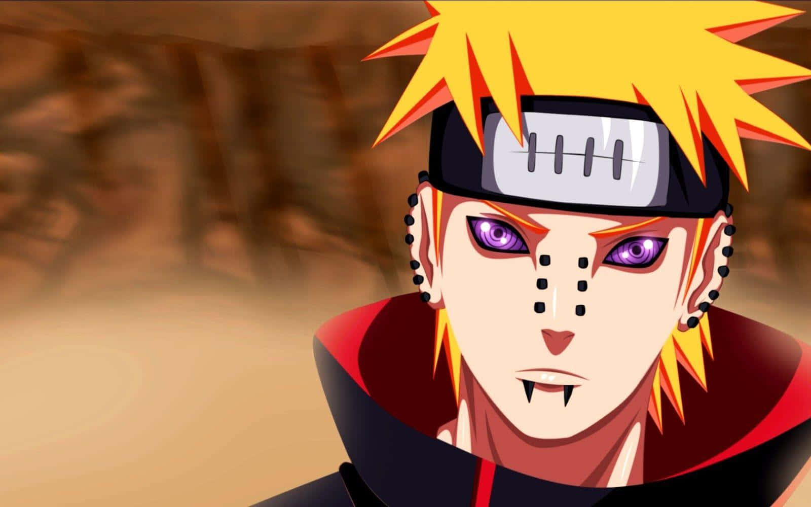 Akatsuki Pain 桌布 壁紙 — 動漫角色，黃色尖刺頭髮、紫色眼睛、黑色斗篷，站在沙漠般的背景中。