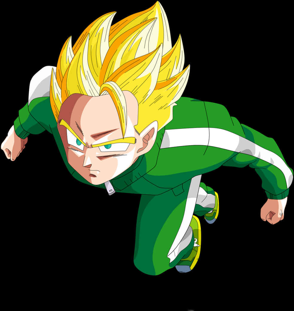 Anime Character 桌布 壁紙 — 動漫角色，黃色尖刺頭髮，綠色服裝，在黑色背景下做出動態飛行姿勢。