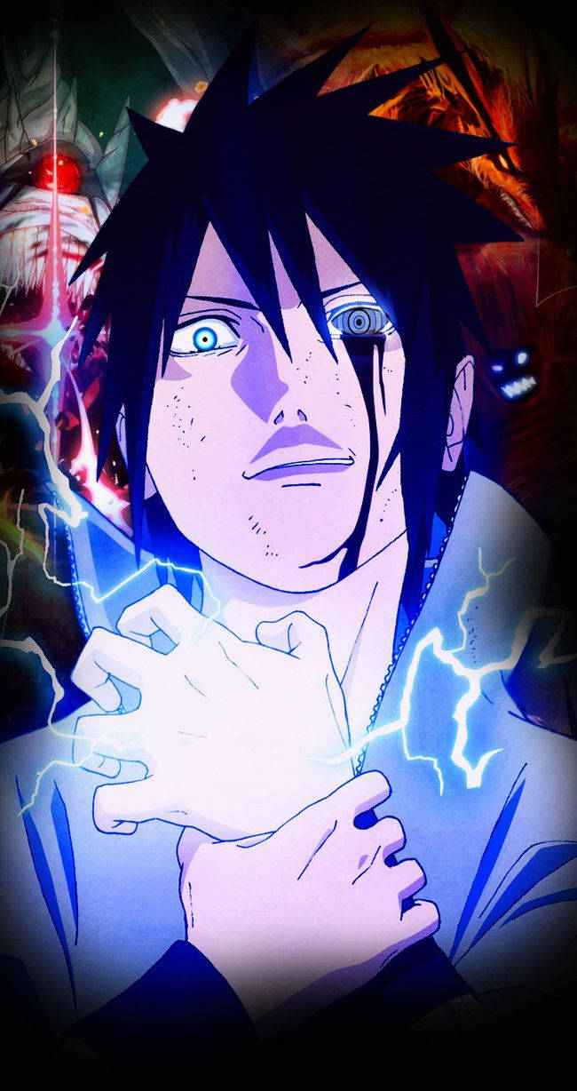 Sasuke 桌布 壁紙 — 動漫角色，黑色刺蝟頭，發光的藍眼睛，在黑暗火熱的背景中，雙手之間引導電擊查克拉。