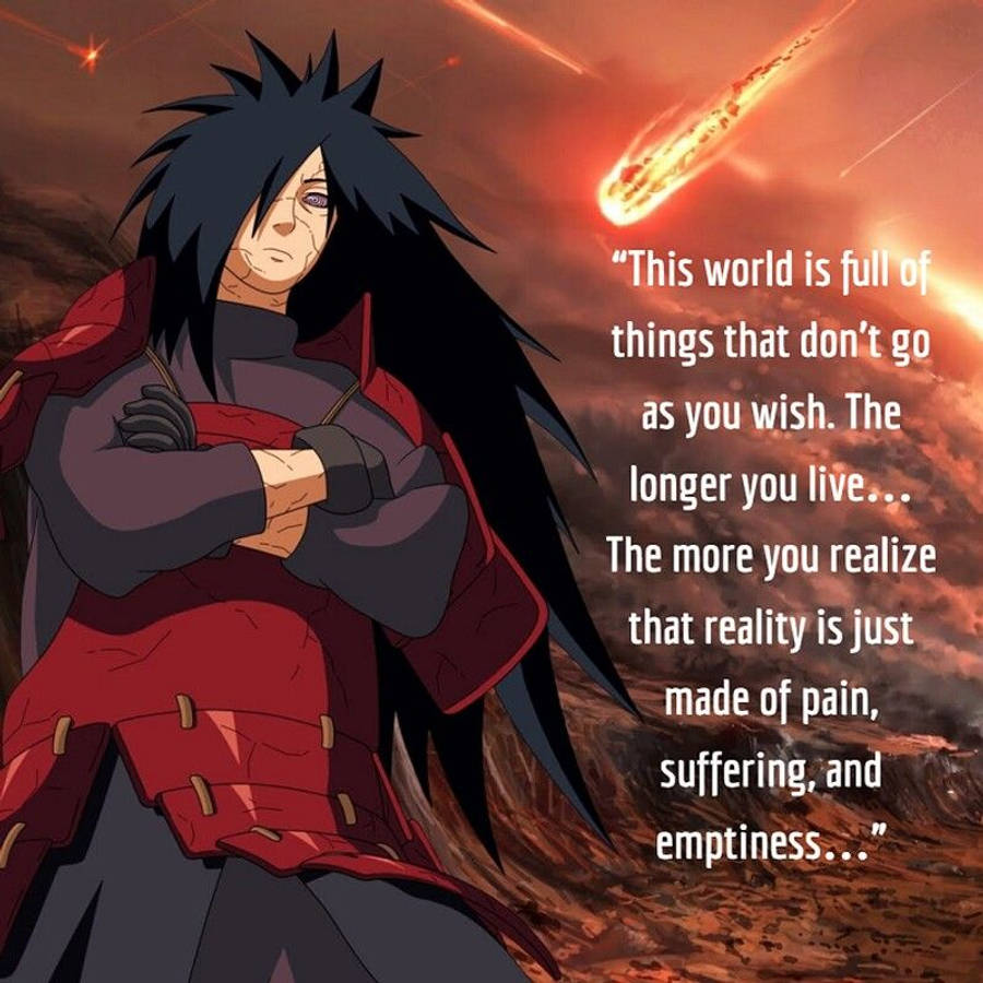 naruto quotes 桌布 壁紙 — 動漫角色，黑色刺蝟頭，紅色斗篷，站在火熱的天空下，流星墜落，並有語錄疊加。