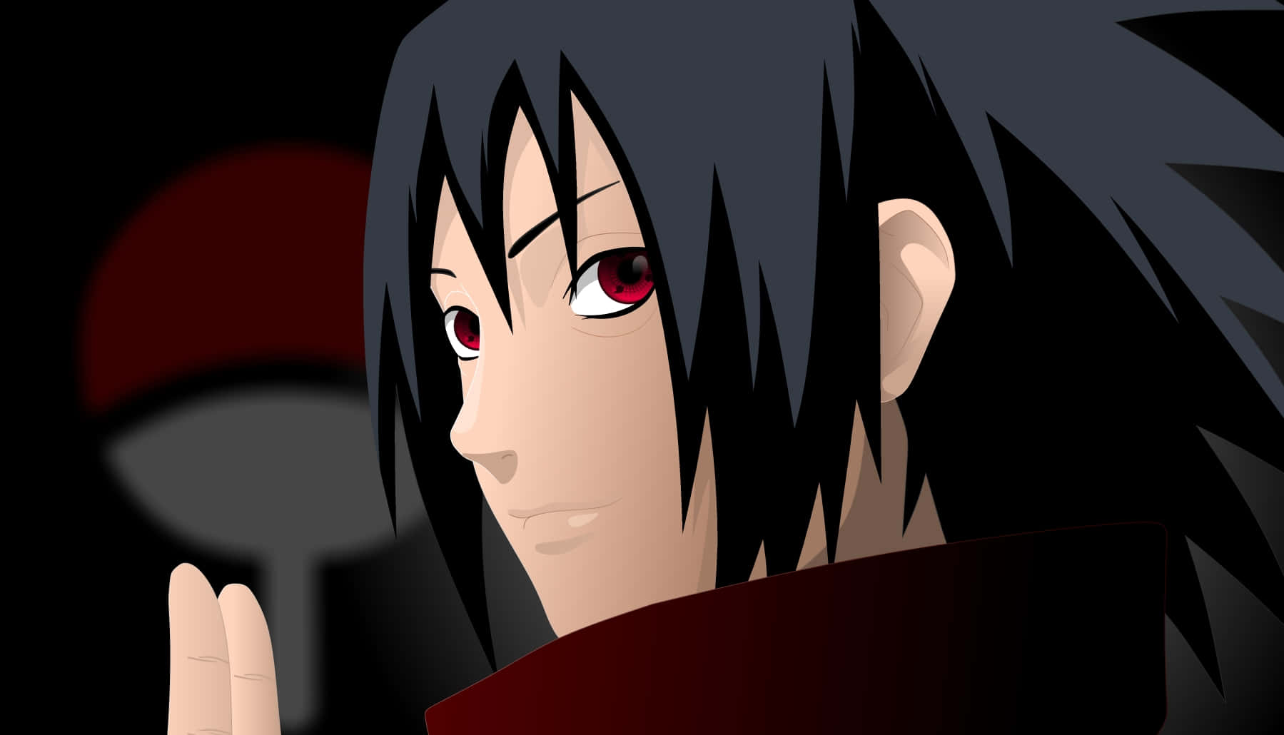 Izuna Uchiha 桌布 壁紙 — 動漫角色，黑色刺蝟頭，紅色眼睛，在黑暗背景中凝視著模糊的紅色和灰色符號。