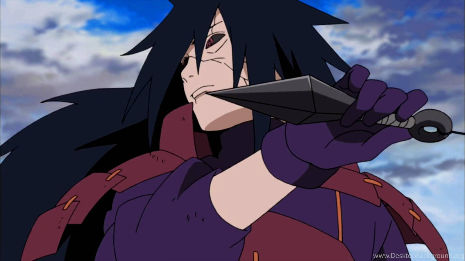 動漫戰士，黑髮紅眼，手持苦無刀。 — 斑 GIF 壁紙