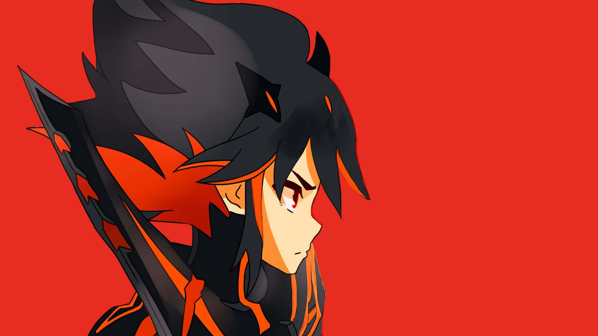 ryuko matoi 桌布 壁紙 — 動漫角色，黑色刺蝟頭，紅色眼睛，手持劍，背景為純紅色。