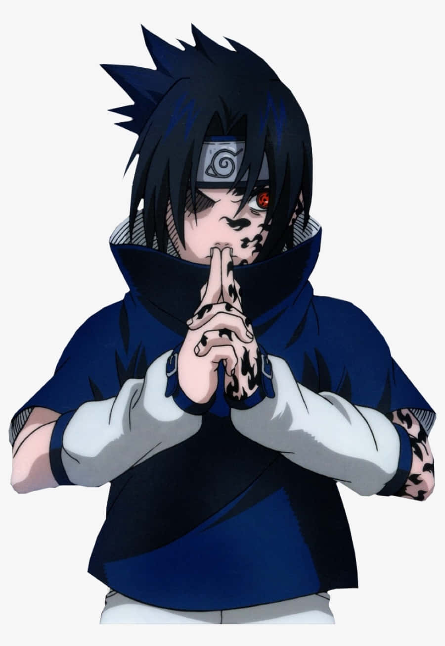 Sasuke Uchiha Cursed Mark 桌布 壁紙 — 動漫角色，黑色刺蝟頭，紅色眼睛，深藍色斗篷，在純色背景前結手印。