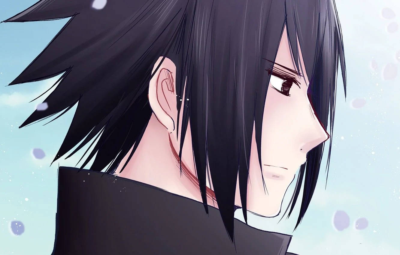 sasuke uchiha 桌布 壁紙 — 動漫角色，黑色刺蝟頭，紅色眼睛，側視著柔和的藍天，花瓣飄浮。