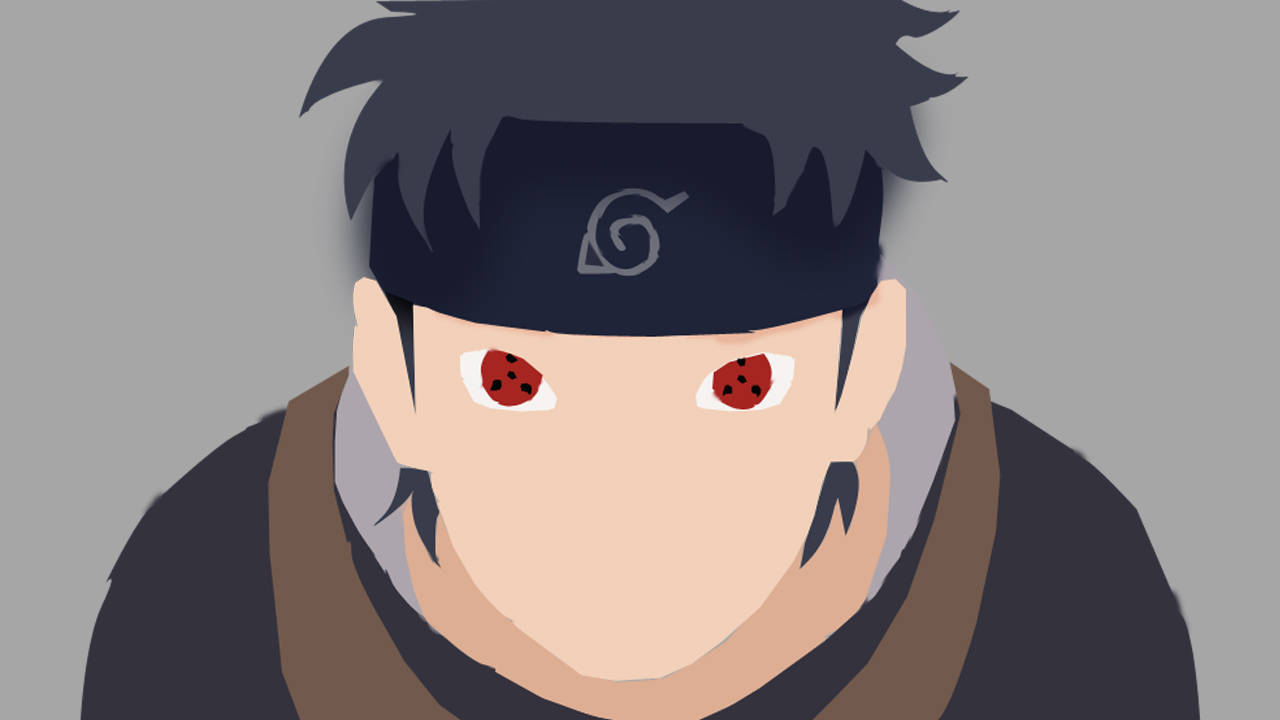 Shisui 桌布 壁紙 — 動漫角色，黑色刺蝟頭，紅色眼睛帶有三個巴紋圖案，在純灰色背景下強烈凝視。