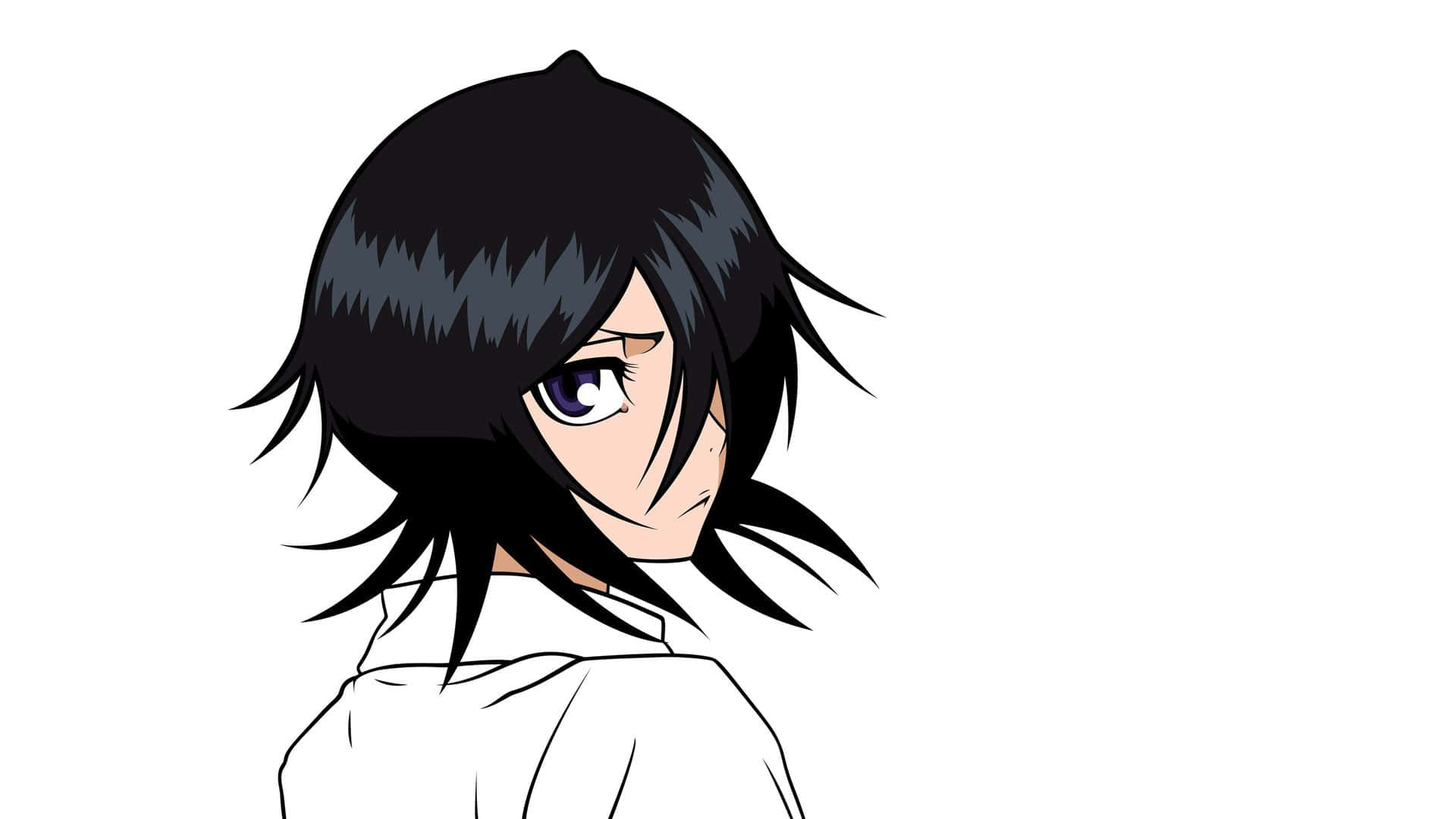 Rukia Kuchiki 桌布 壁紙 — 動漫角色，黑色刺蝟頭，紫色眼睛，在白色背景上微微轉頭。