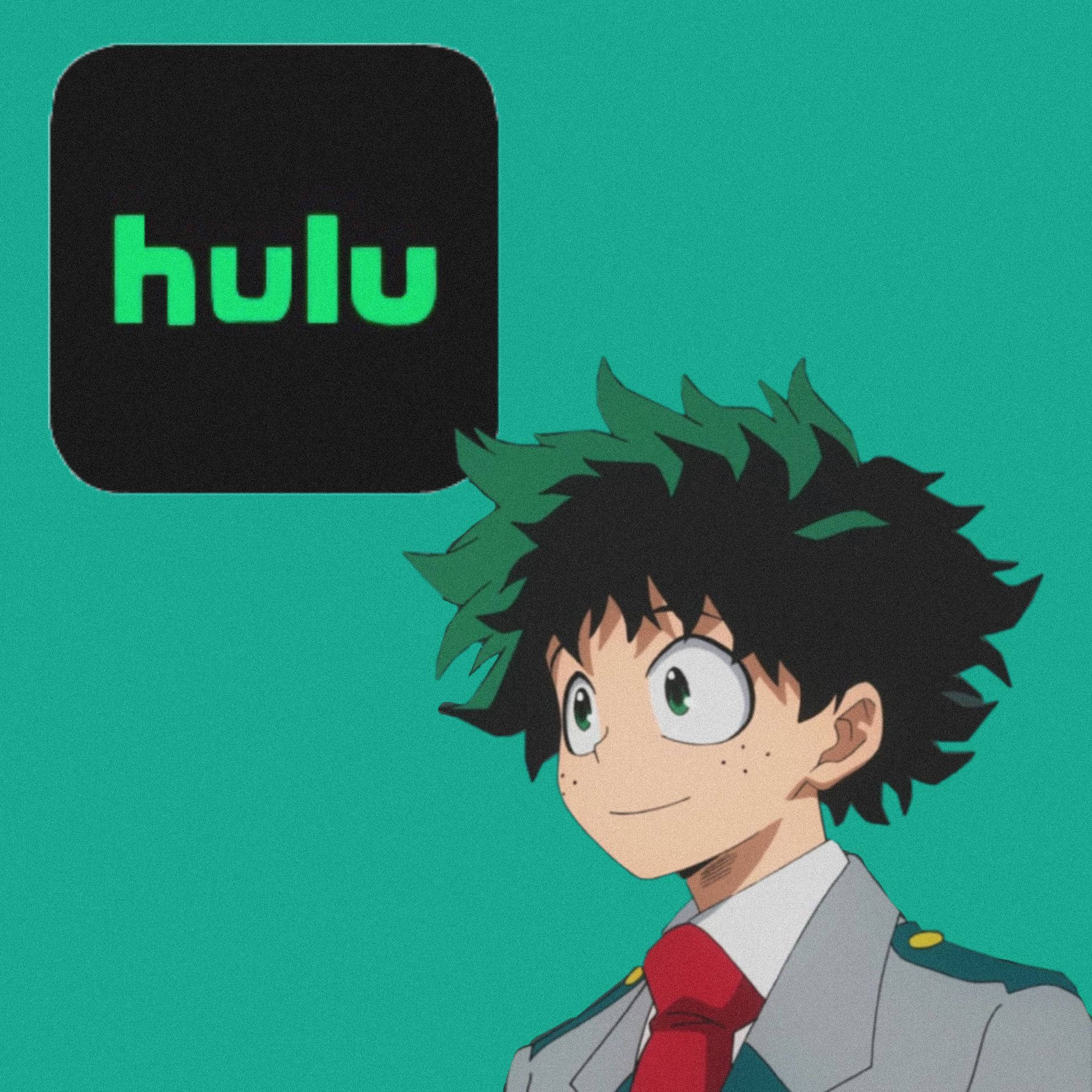Hulu 桌布 壁紙 — 動漫角色，黑色刺蝟頭，綠色眼睛，在青綠色背景上的Hulu標誌旁邊微笑。