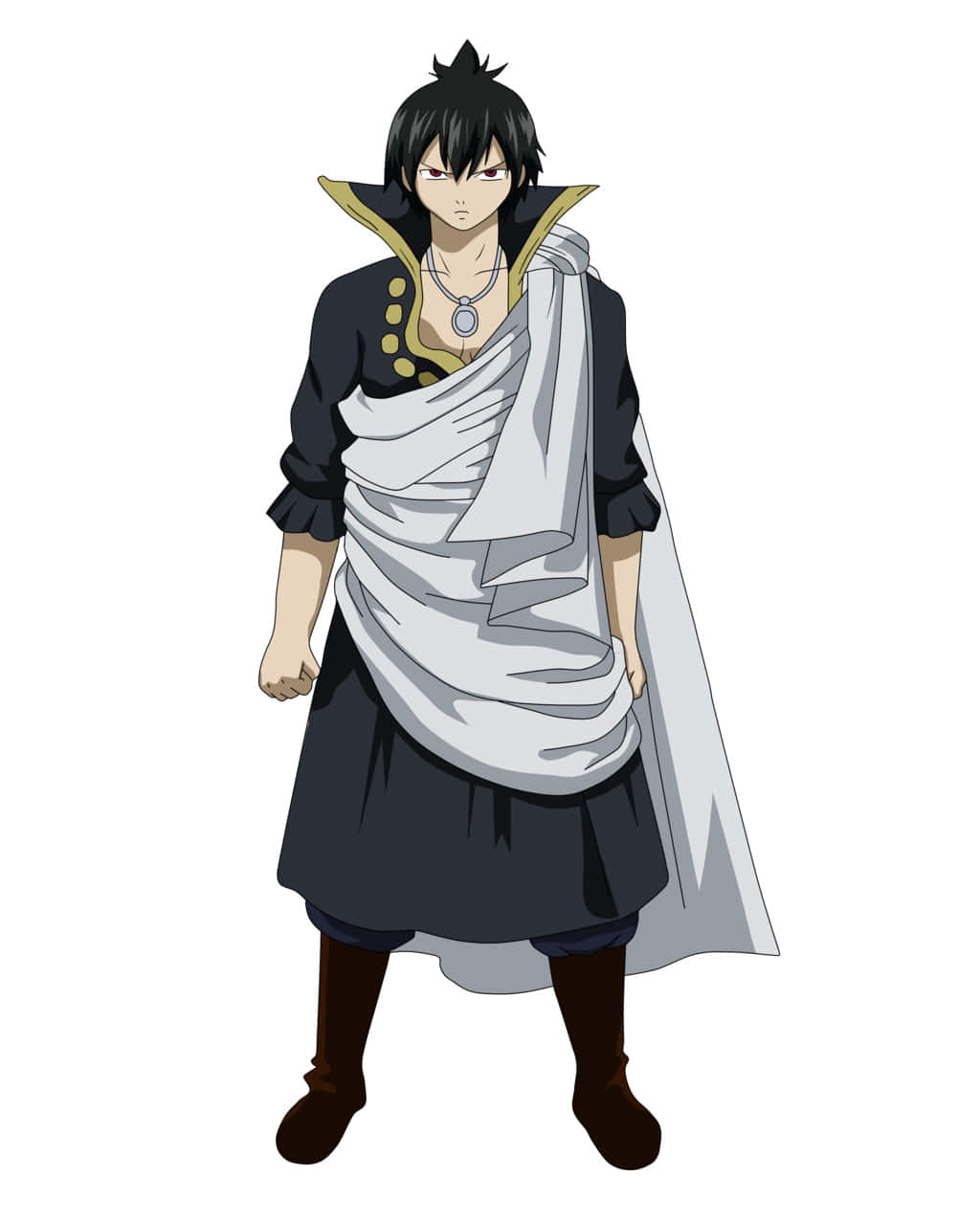 Zeref Dragneel 桌布 壁紙 — 動漫角色，黑色刺蝟頭，表情嚴肅，身穿深色長袍，披著白色布料，金色領子。