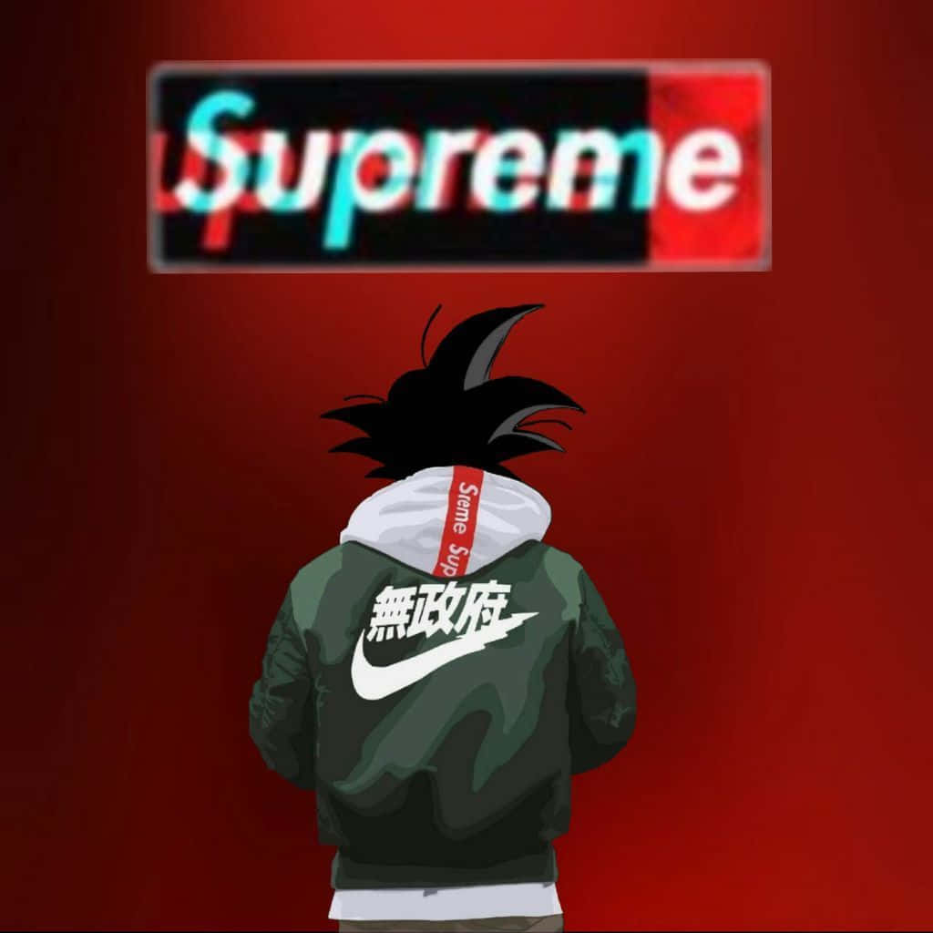 悟空 桌布 壁紙 — 動漫角色，黑色刺蝟頭，身穿帶有中文字和Nike swoosh的綠色Supreme連帽衫，背景為紅色，上方有故障效果的Supreme標誌。