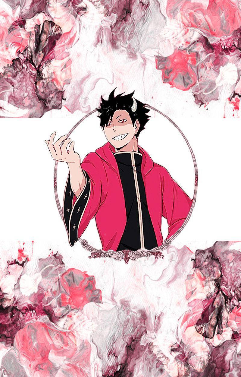 Kuroo 桌布 壁紙 — 動漫角色，黑色刺蝟頭，身穿紅色長袍，在旋轉的粉紅和白色抽象背景前狡猾地微笑。