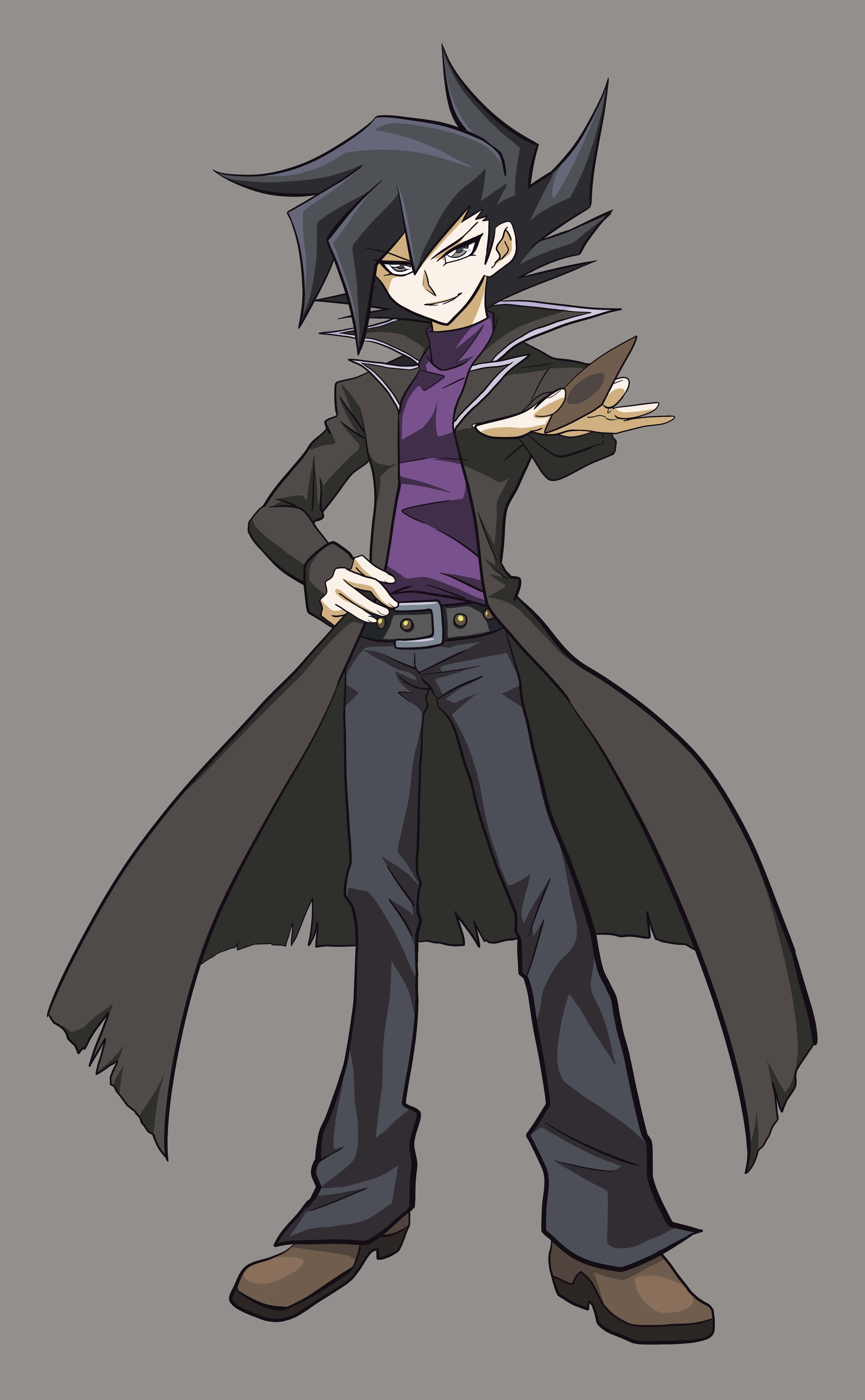 Chazz Princeton 桌布 壁紙 — 動漫角色，黑色刺蝟頭，身穿紫色襯衫，自信地站著，戴手套的手裡拿著一張卡牌。