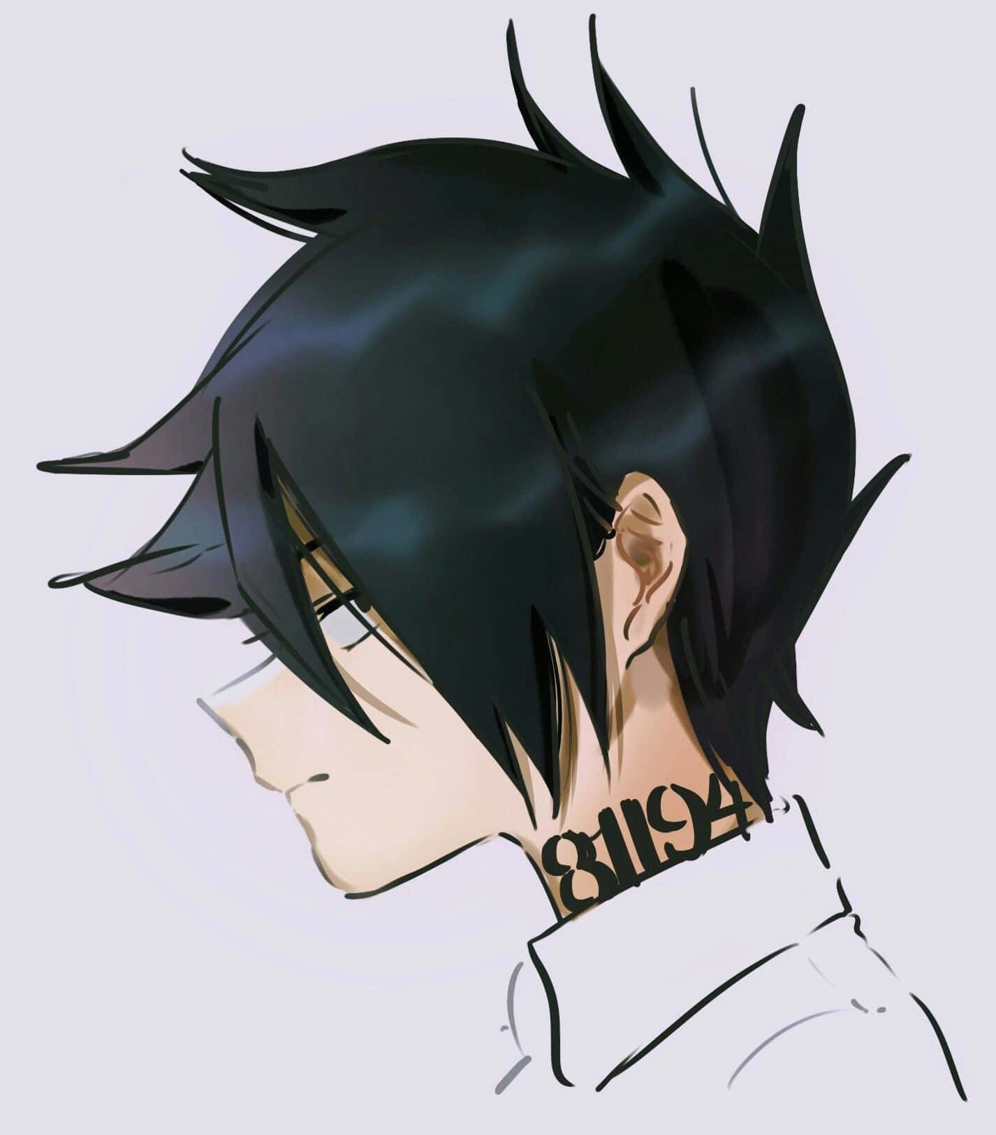The Promised Neverland Ray 桌布 壁紙 — 動漫角色，黑色刺蝟頭，頸部有刺青，側面輪廓，背景簡潔。
