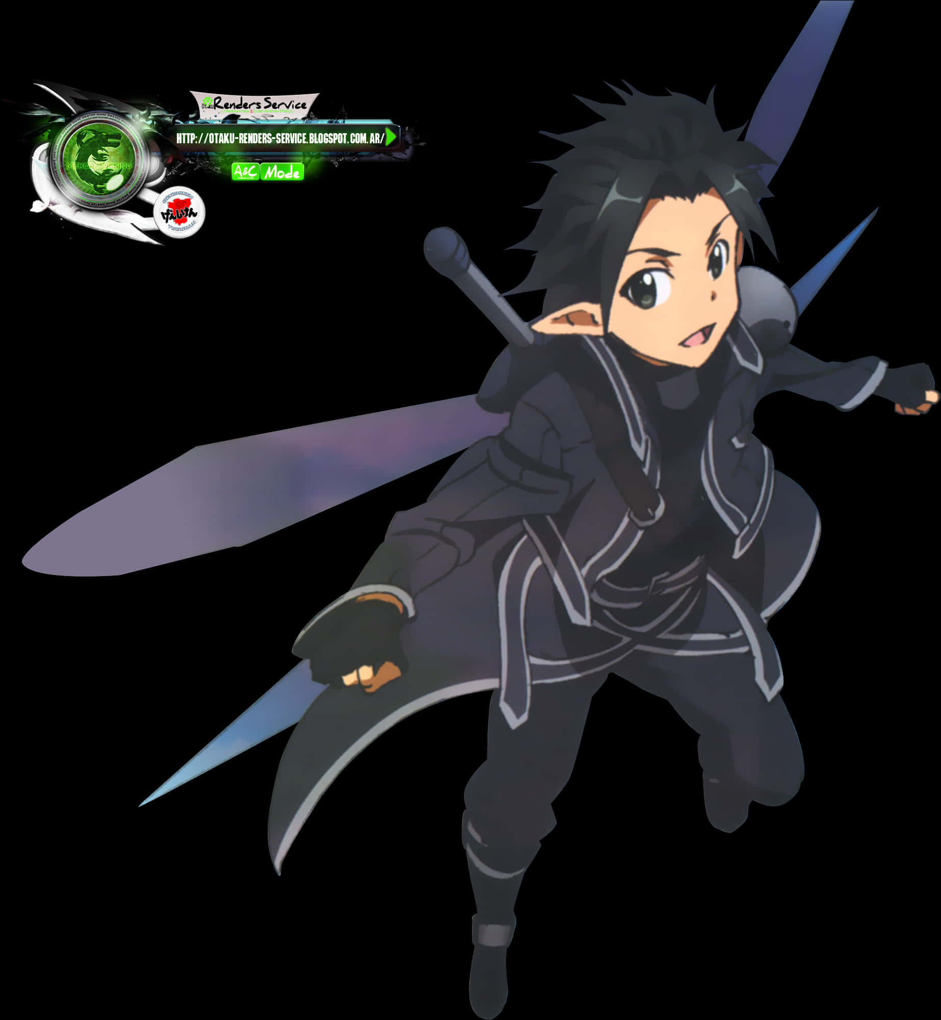 Kirito 桌布 壁紙 — 動漫角色，黑色尖刺頭髮，尖耳朵，在黑色背景上揮舞發光劍。