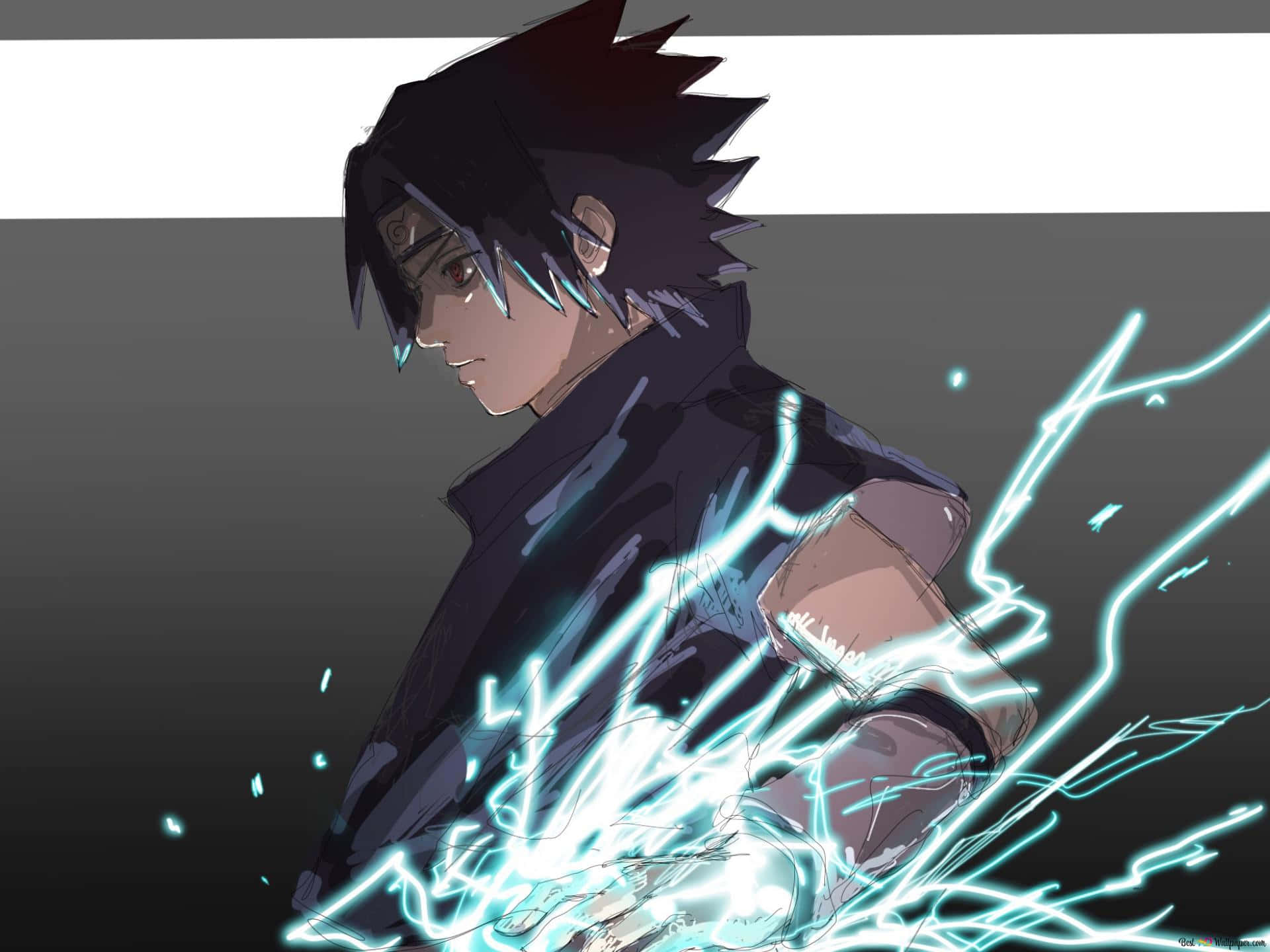 Sasuke Manga 桌布 壁紙 — 動漫角色，黑色尖刺頭髮，手臂周圍有發光的藍色查克拉能量在黑暗漸變背景上劈啪作響。