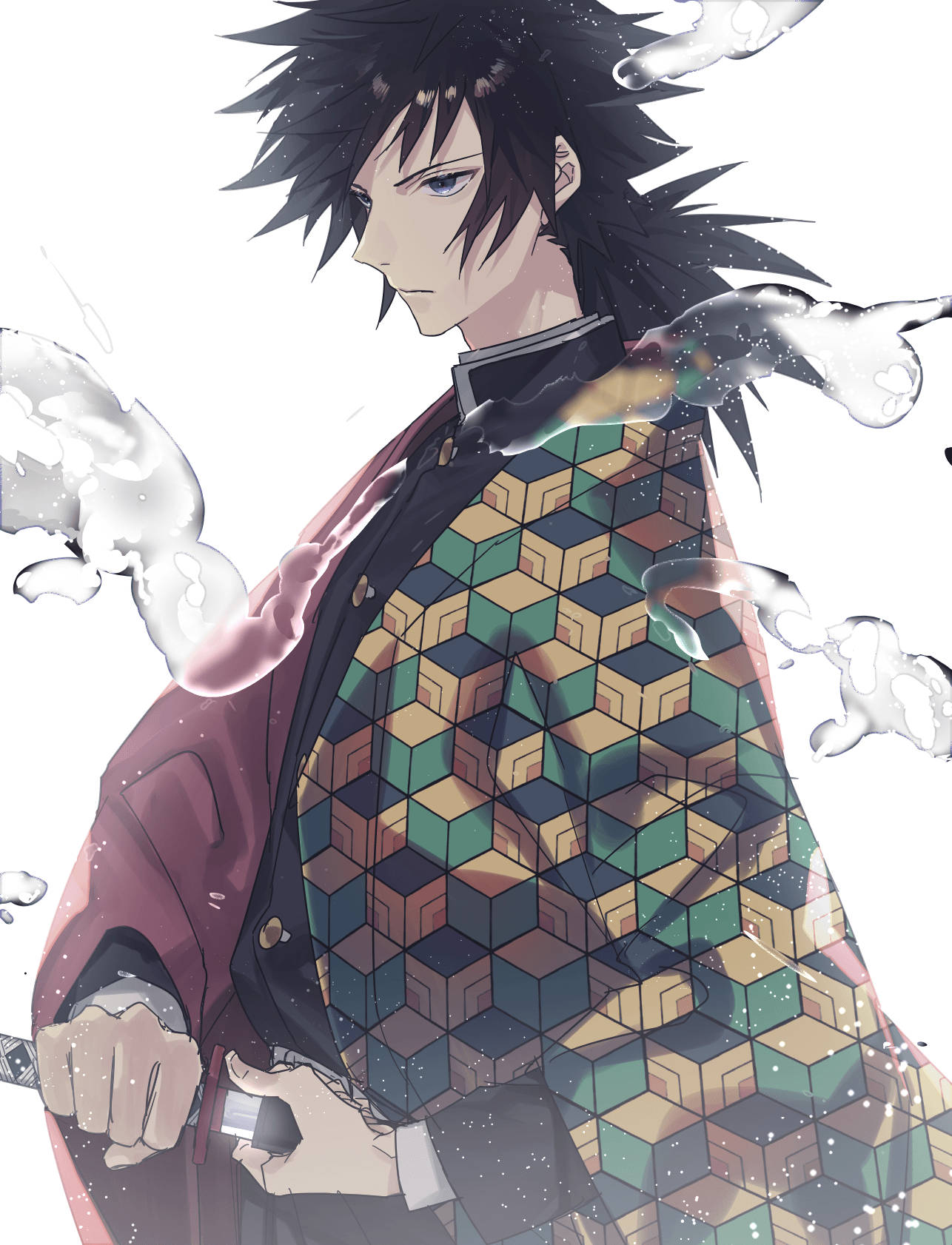 Giyuu 桌布 壁紙 — 動漫角色，黑色尖刺頭髮，穿著幾何圖案和服，被旋轉的煙霧包圍，背景為白色。