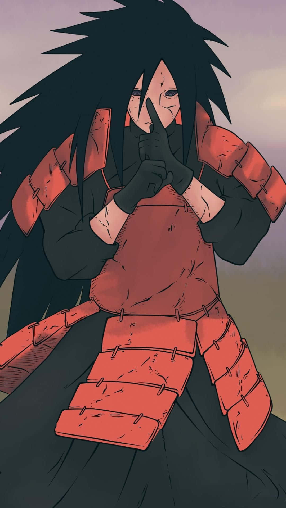 桌布 壁紙 — 動漫角色，黑色尖刺頭髮，紅色盔甲，在柔和天空背景下結手印。