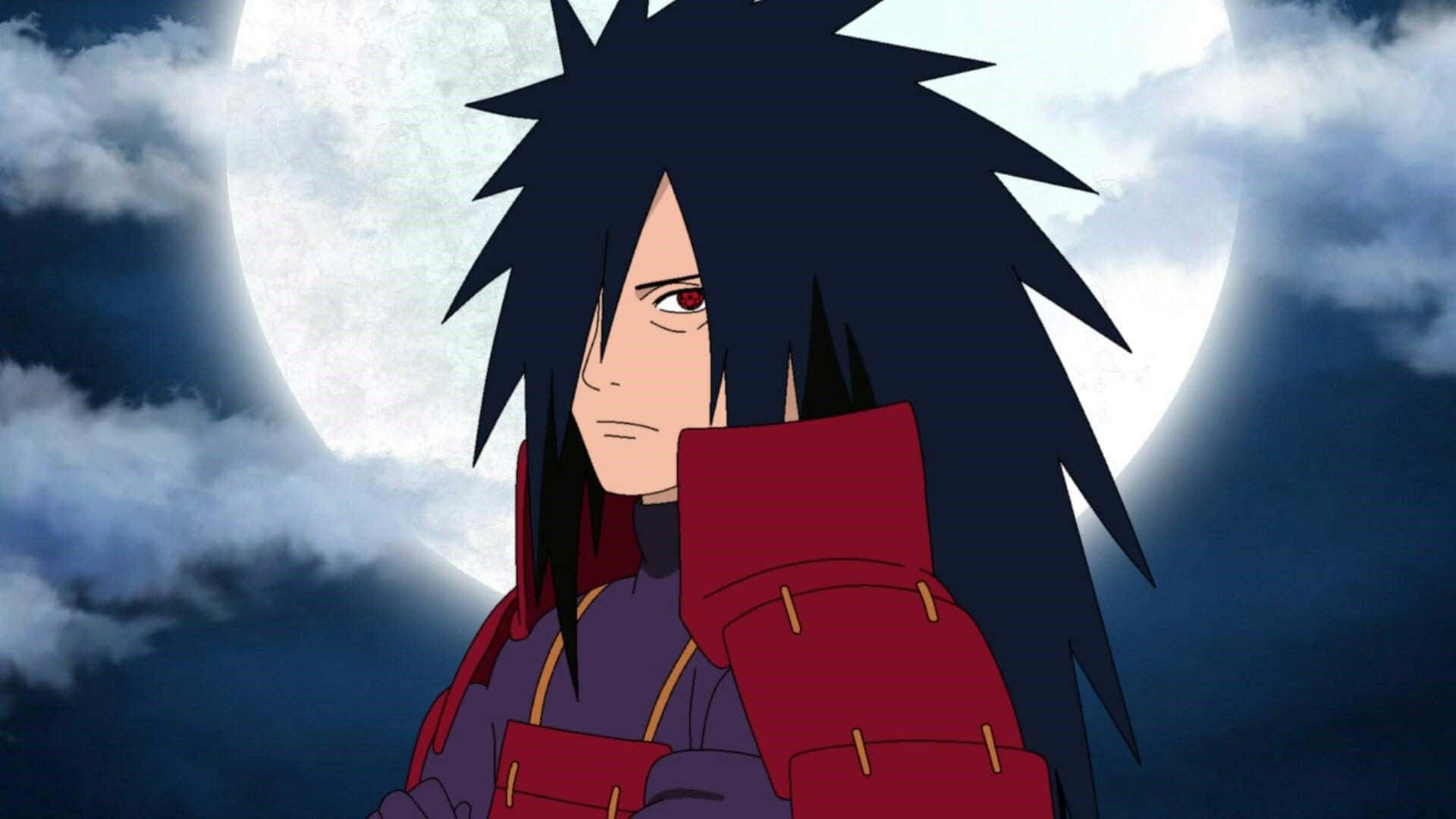 Madara Cool 桌布 壁紙 — 動漫角色，黑色尖刺頭髮，紅色眼睛，在滿月和烏雲下莊嚴站立。