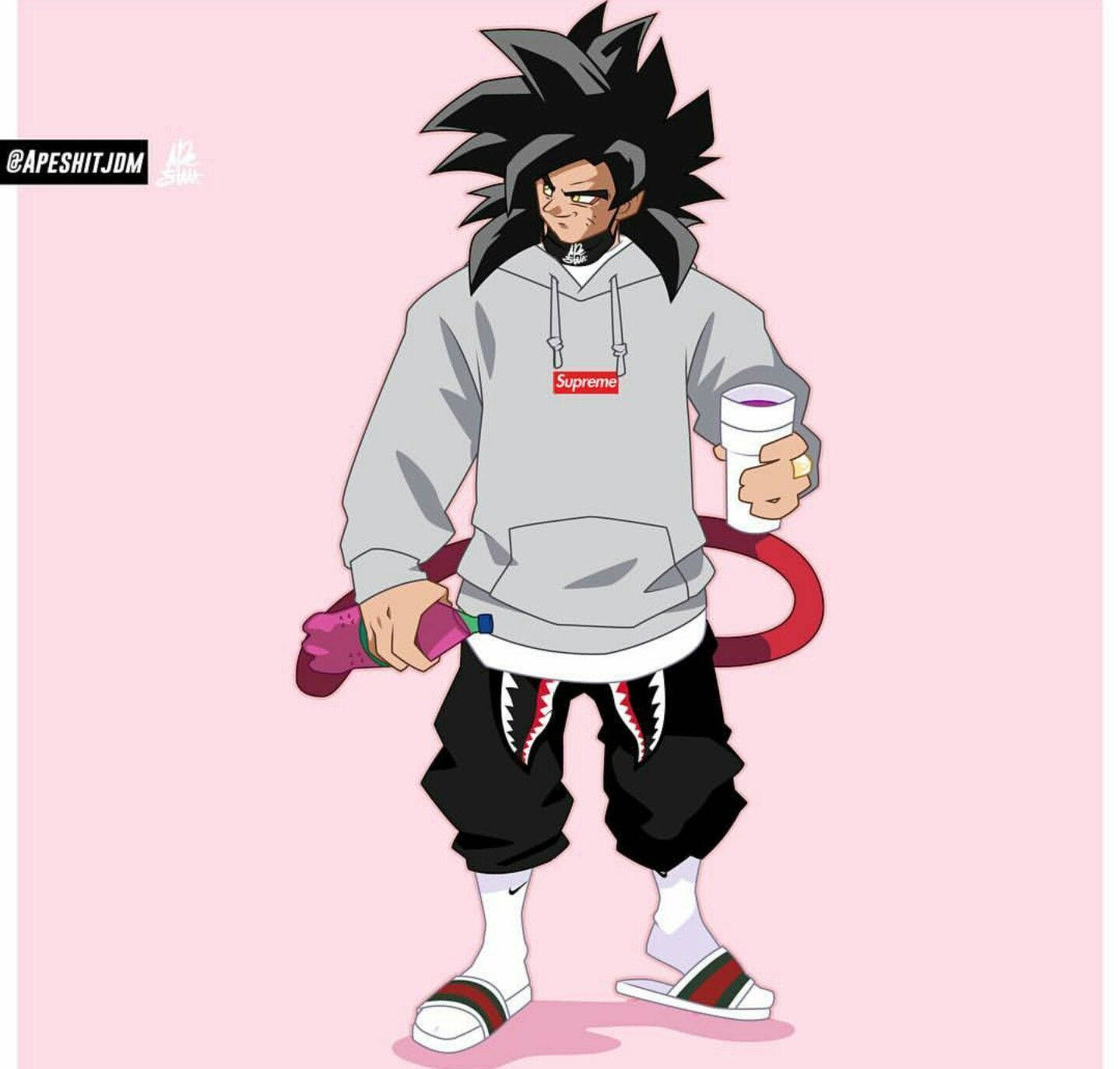 Goku Swag 桌布 壁紙 — 動漫角色，黑色尖刺頭髮和紅色尾巴，穿著灰色連帽衫和鯊魚褲，在粉紅色背景前拿著飲料。