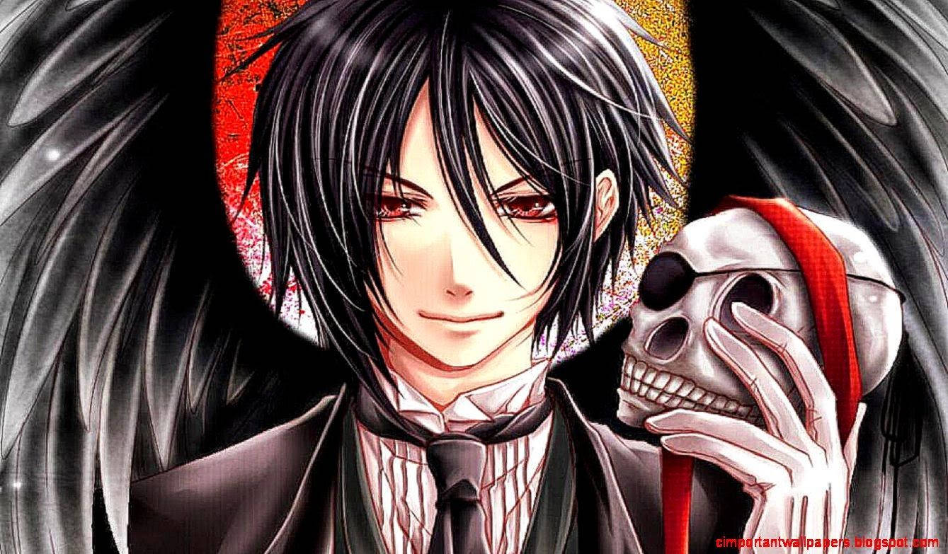 動漫男孩 桌布 壁紙 — 動漫角色，黑色翅膀，紅色眼睛，手持紅色布包裹的頭骨，背景是火焰。