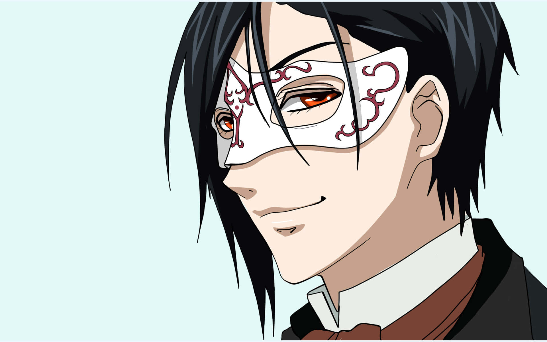 Black Butler 桌布 壁紙 — 動漫角色，黑髮，戴著華麗的白色面具遮住半邊臉，背景為淡藍色。