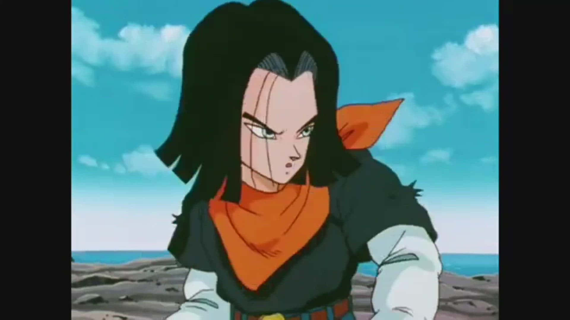 Dragon Ball Z Abridged 桌布 壁紙 — 動漫角色，黑髮，橙色圍巾，站在岩石海灘上，藍天白雲。