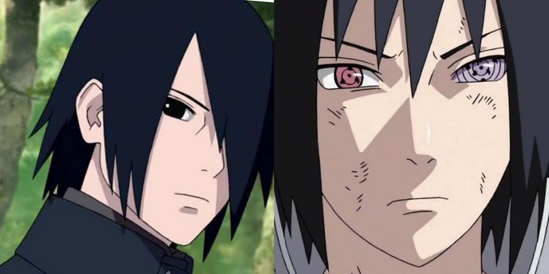 Sasuke 桌布 壁紙 — 動漫角色，黑髮紅眼，在森林背景下展現兩種對比表情。
