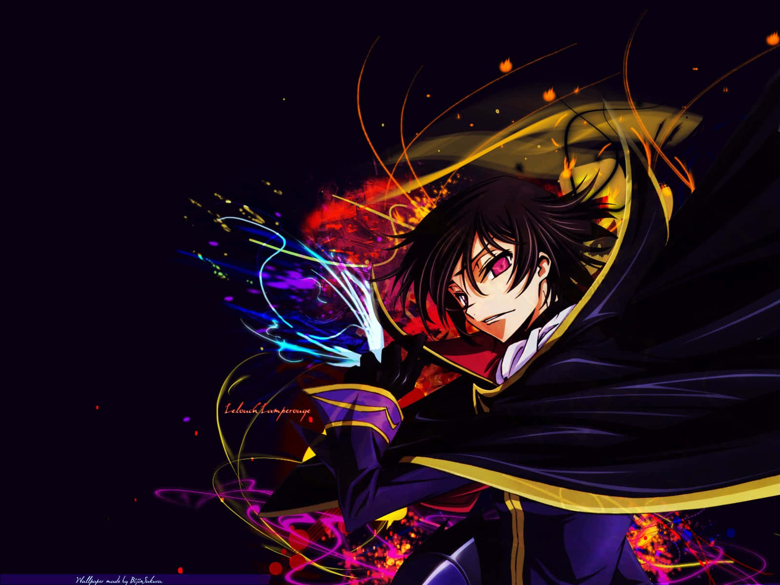 lelouch lamperouge 桌布 壁紙 — 動漫角色，黑髮紅眼，在黑色背景上揮舞著發光的魔法，伴隨著火花。