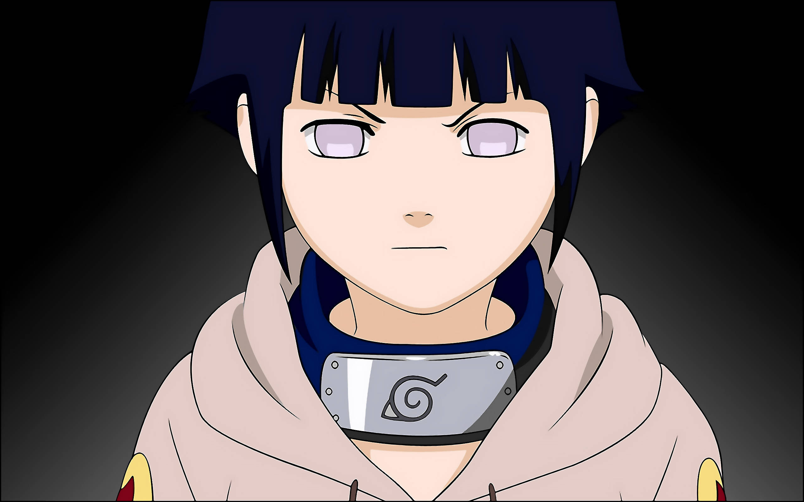 Hinata Hyuga 桌布 壁紙 — 動漫角色，黑髮紫眼，身穿米色連帽衫和銀色忍者頭帶，背景為黑色。