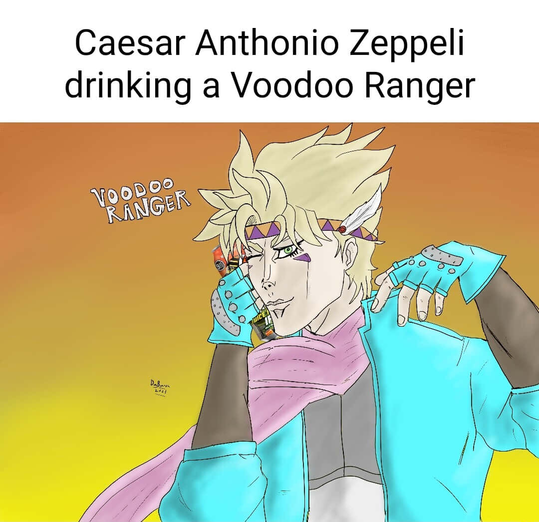 Caesar Anthonio Zeppeli 桌布 壁紙 — 動漫角色Caesar Zeppeli在溫暖漸層的日落天空下啜飲Voodoo Ranger啤酒。
