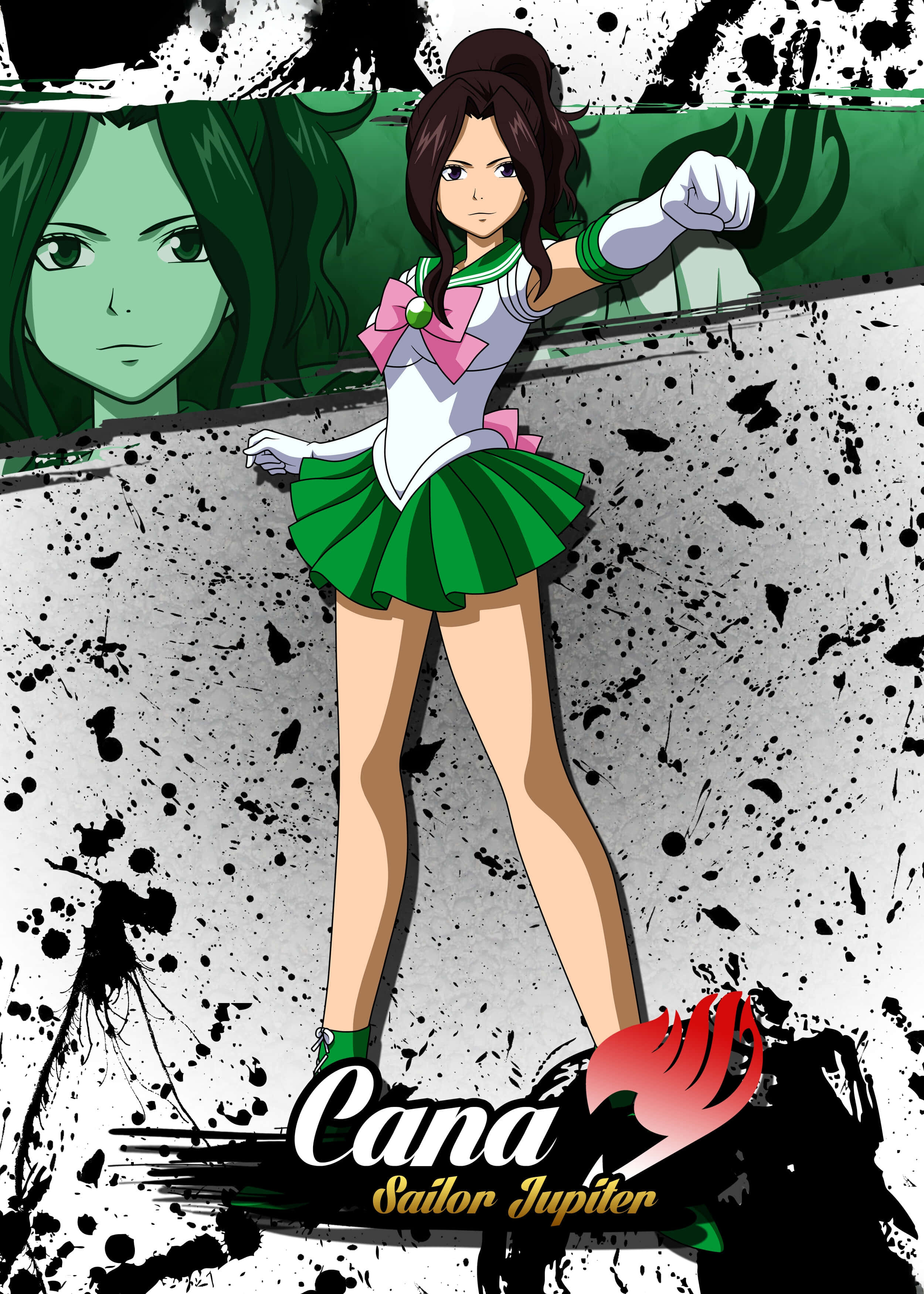 Cana Alberona 桌布 壁紙 — 動漫角色Cana穿著Sailor Jupiter服裝，自信地站在粗糙的潑濺背景前，身後有一幅綠色臉孔的肖像。