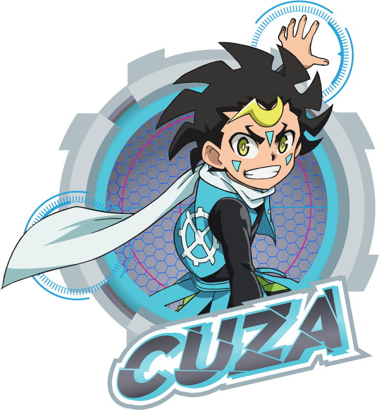 Beyblade 桌布 壁紙 — 動漫角色Cuza以動態姿勢呈現，擁有尖刺黑髮和發光的綠色眼睛，背景為未來風格的六邊形圖案。