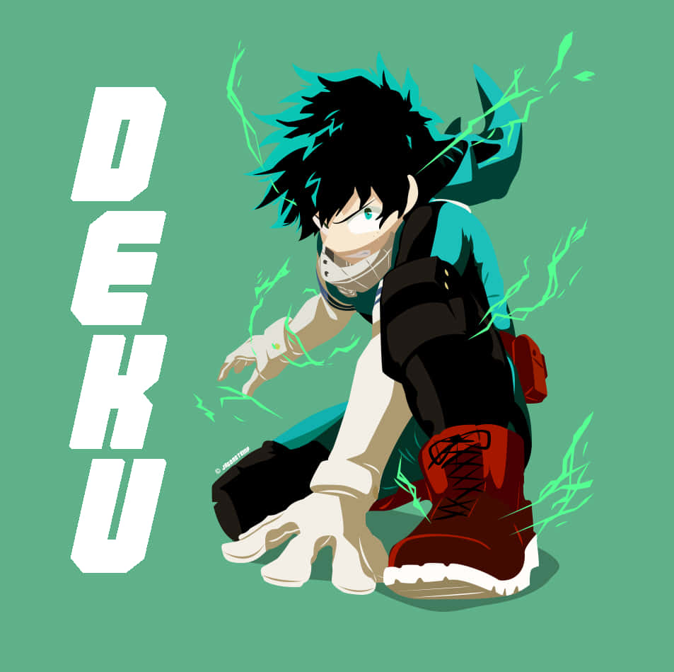 Aesthetic Deku 桌布 壁紙 — 動漫角色Deku以動態姿勢蹲下，綠色能量在他周圍劈啪作響，背景為純青色。