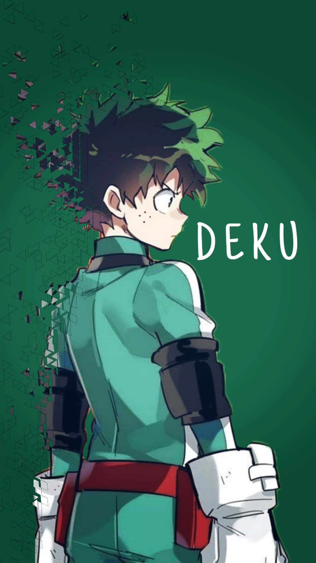 Deku Phone 桌布 壁紙 — 動漫角色Deku身穿綠色英雄服，在深綠色背景下微微轉身，幾何碎片從他的頭髮飛出。