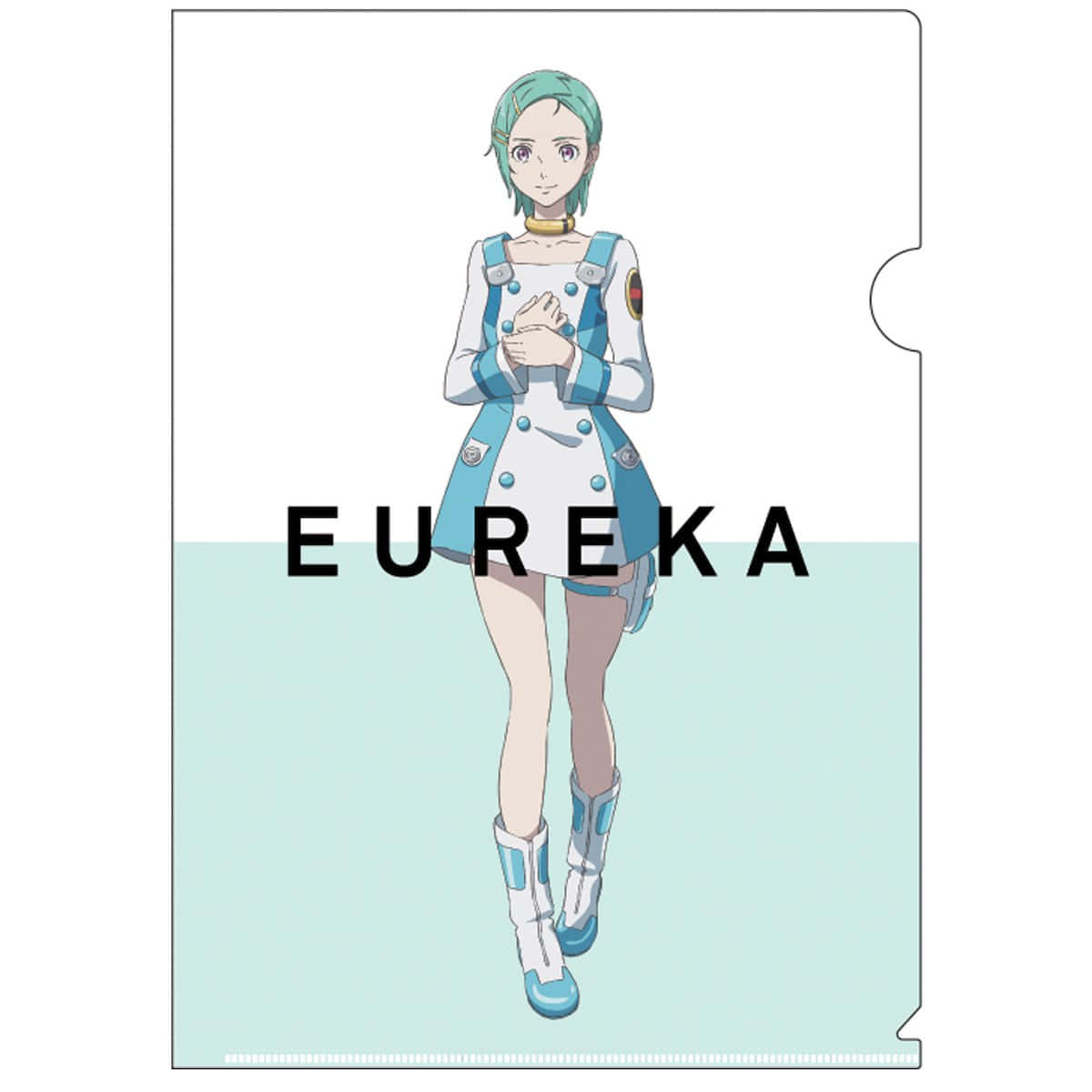 Eureka Seven 桌布 壁紙 — 動漫角色Eureka身穿淺藍色和白色制服，站在分割背景前，她的名字以粗體黑色文字顯示。