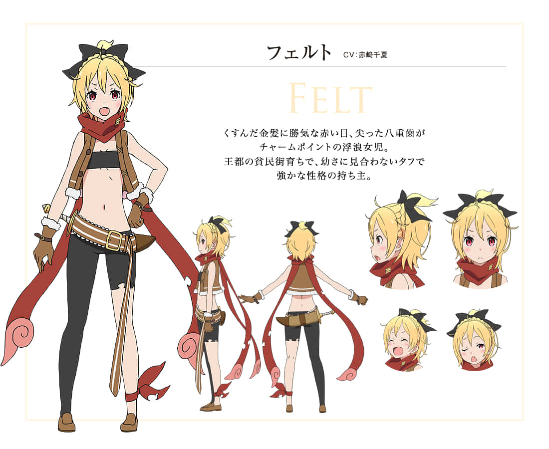 Re Zero Felt 桌布 壁紙 — 動漫角色Felt以全身和多種表情展示，配有紅色圍巾和黑色蝴蝶結。