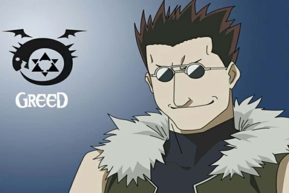 Greed 桌布 壁紙 — 動漫角色Greed，擁有尖刺頭髮和太陽眼鏡，穿著毛領背心，背景為漸變藍色。