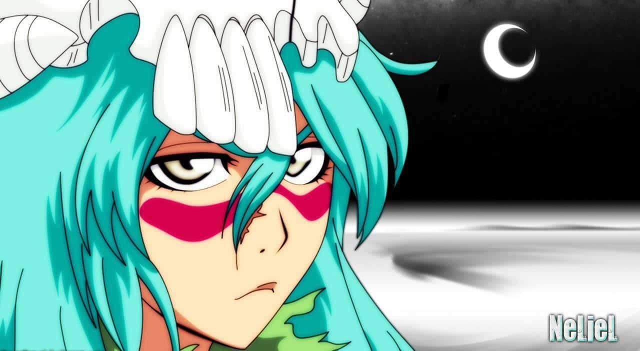 Nelliel Tu Odelschwanck 桌布 壁紙 — 動漫角色Neliel，擁有藍綠色頭髮和紅色標記，在弦月下強烈凝視。