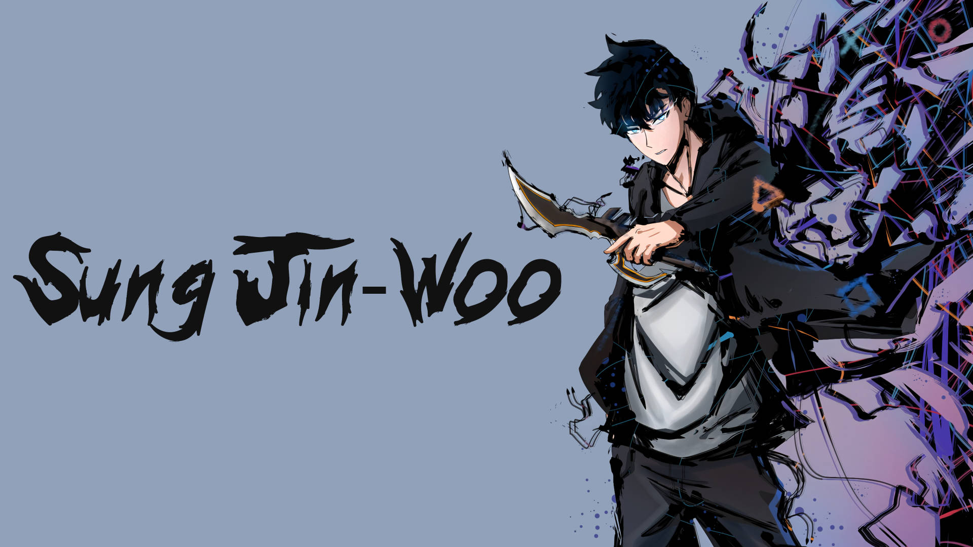 我獨自升級 桌布 壁紙 — 動漫角色Sung Jin-Woo在柔和的藍色背景上，揮劍對抗破碎的紫色和藍色能量背景。