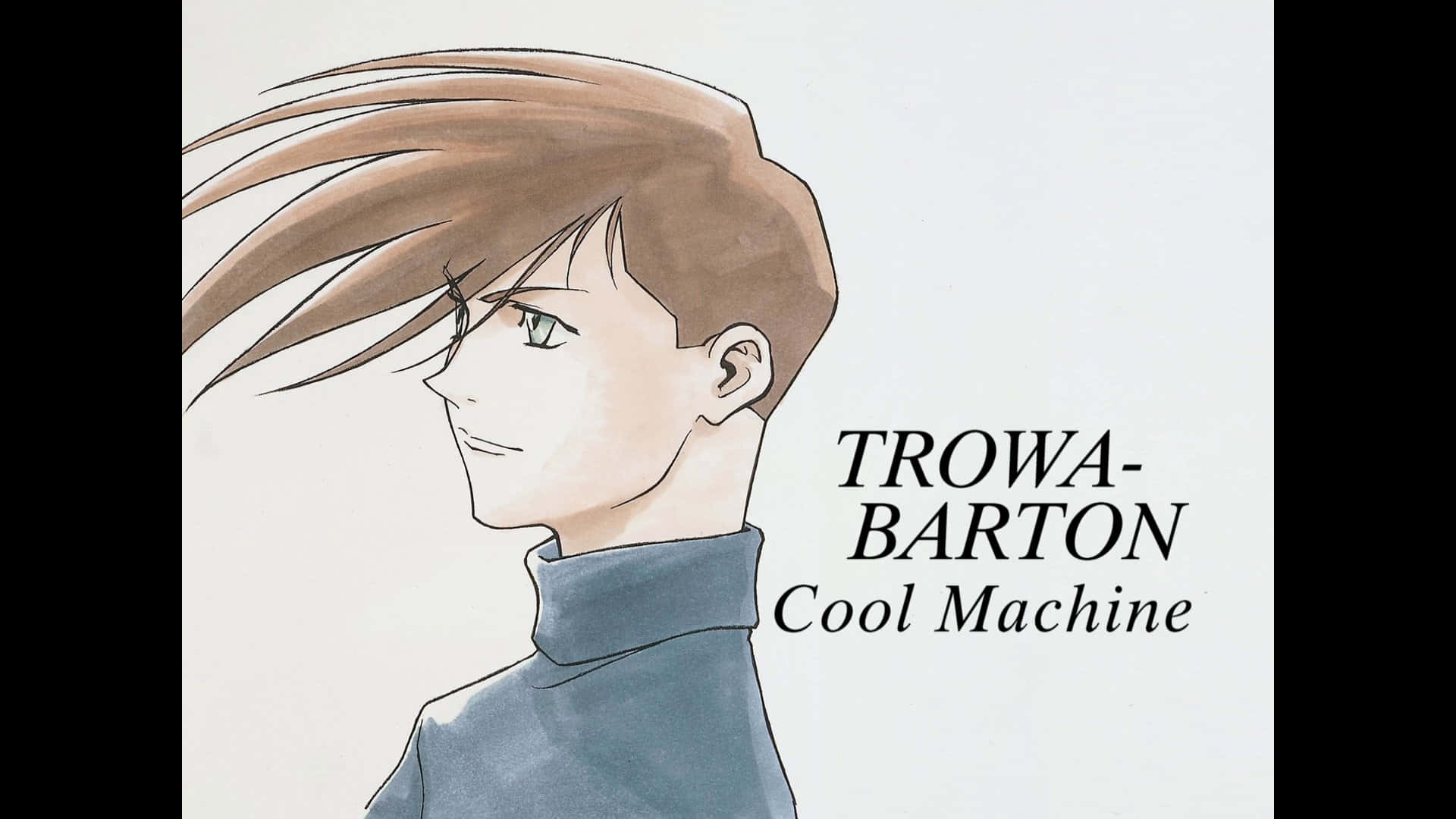 Trowa Barton 桌布 壁紙 — 動漫角色Trowa Barton的側面，棕色頭髮隨風飄揚，表情冷酷，背景簡潔。