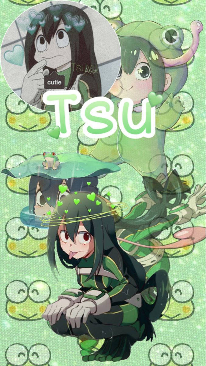 動漫女孩 桌布 壁紙 — 動漫角色Tsu穿著青蛙主題服裝，被微笑的青蛙臉包圍在綠色背景上。
