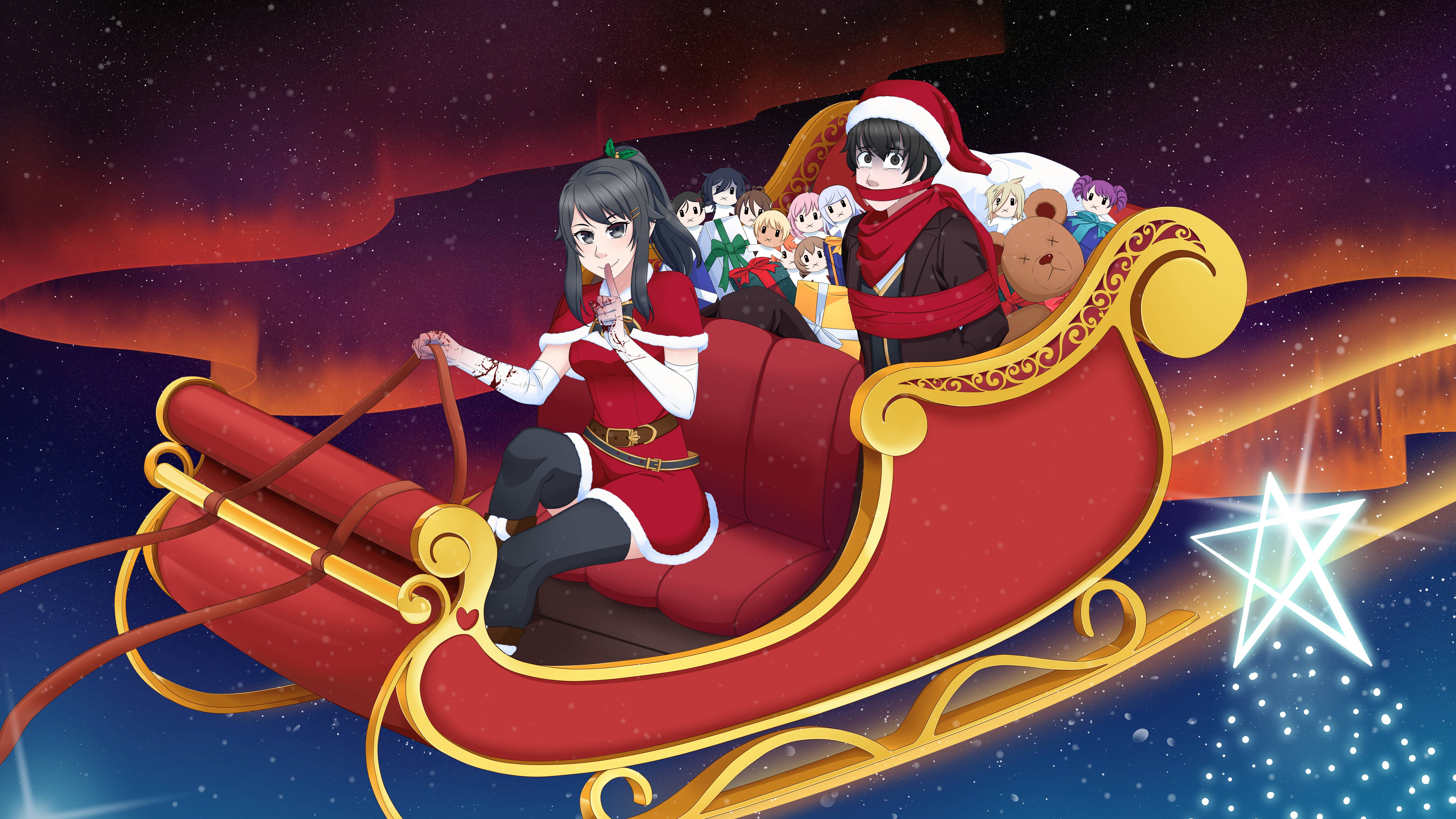 Yandere 桌布 壁紙 — 動漫角色乘坐紅色雪橇穿過繁星點點的夜空，伴隨著一顆閃亮的星星和節日禮物。