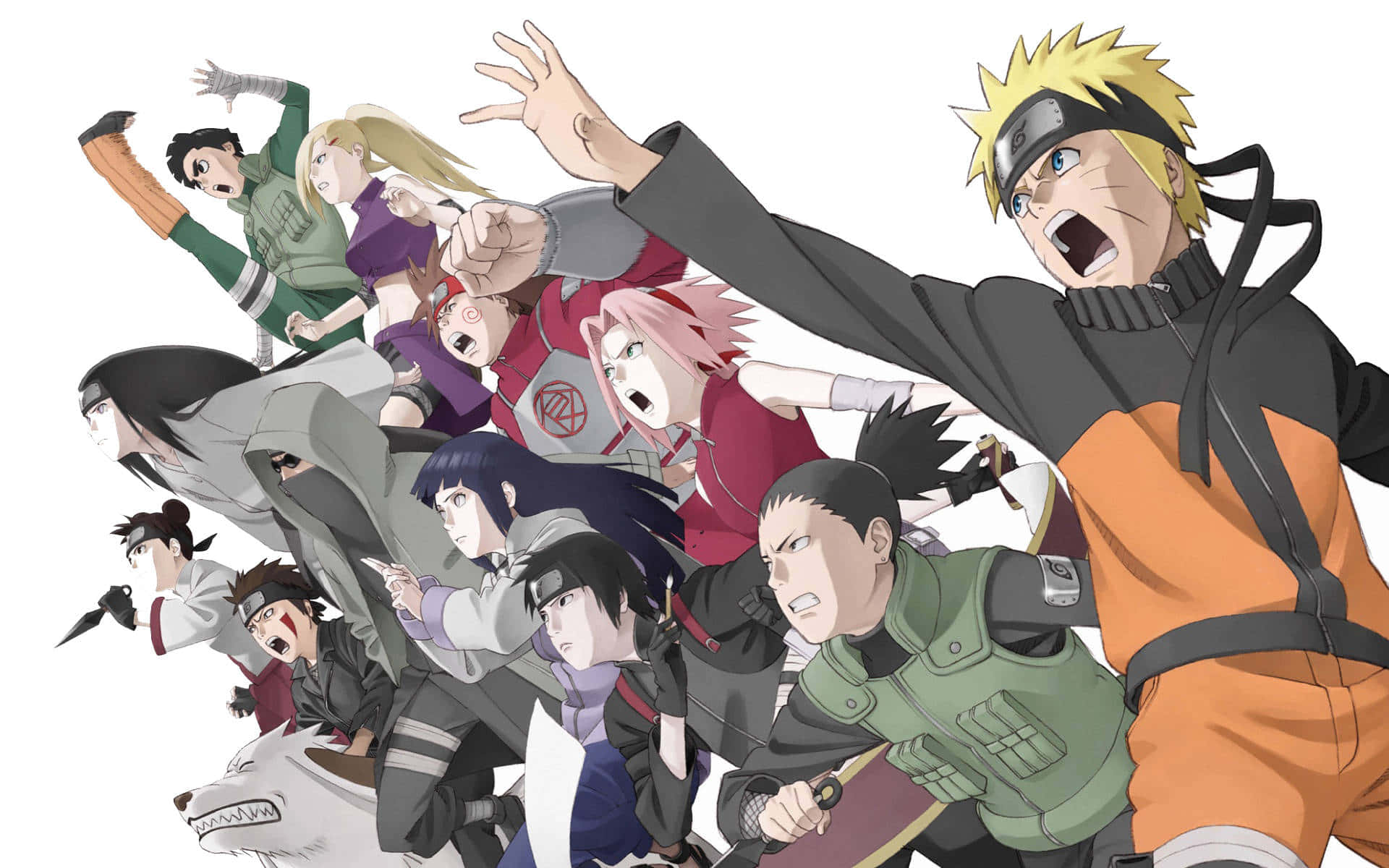 Naruto Team 7 桌布 壁紙 — 動漫角色以充滿動感的動作姿態和堅定表情，在純白背景上呈現。