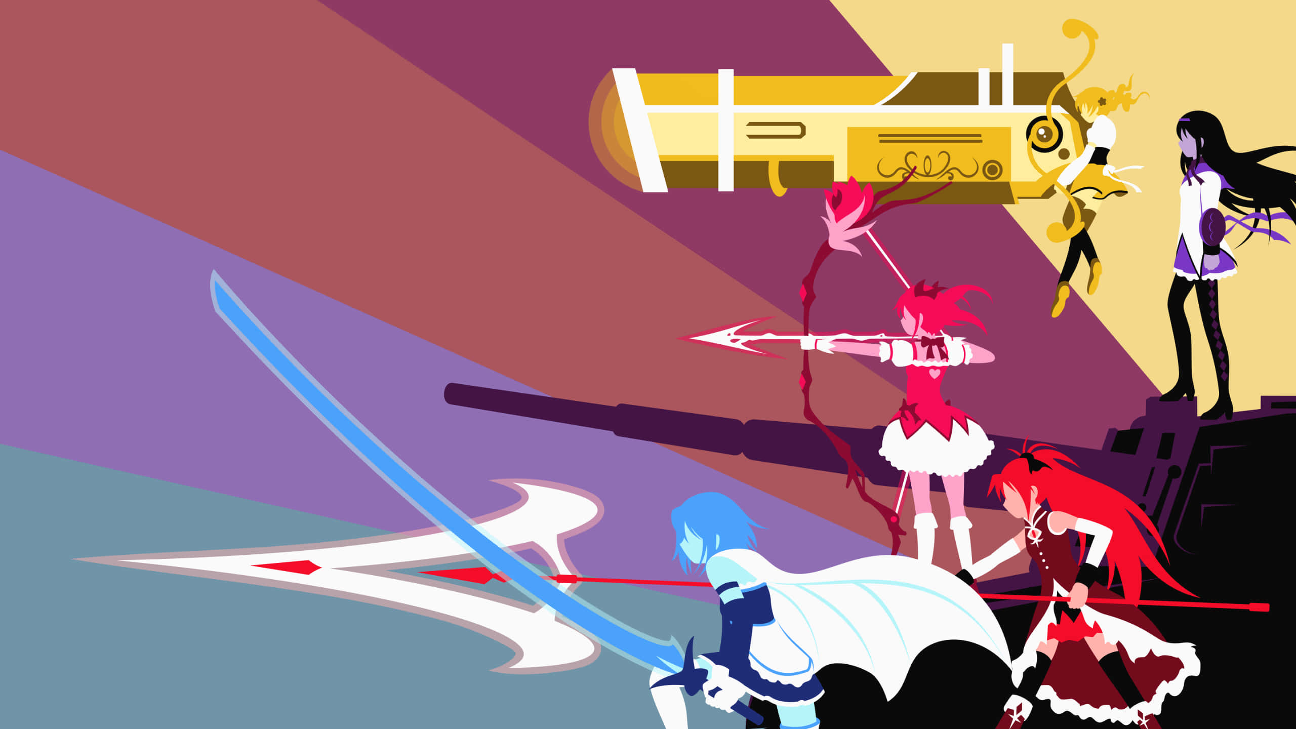 puella magi madoka magica 桌布 壁紙 — 動漫角色以劍和弓擺出動態戰鬥姿勢，背景為風格化的幾何圖案。