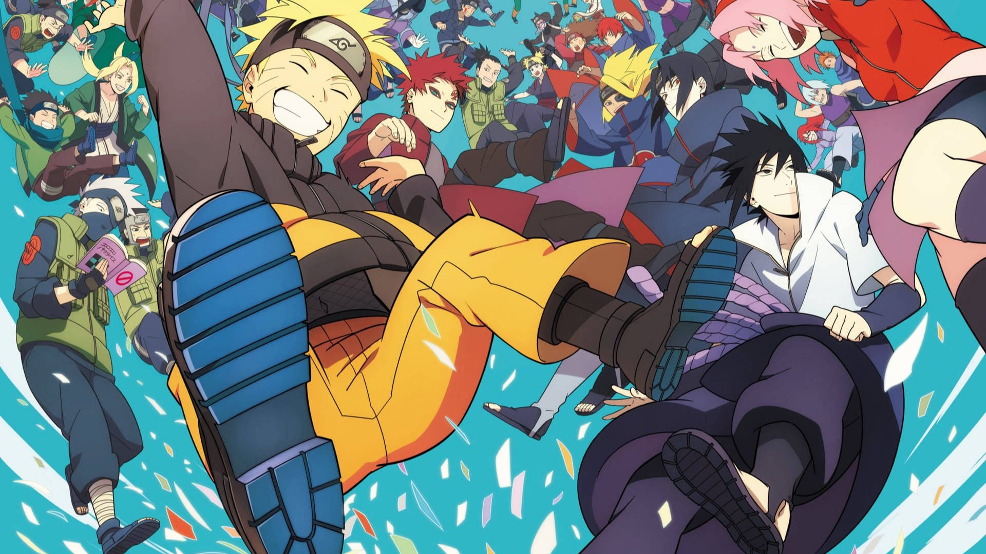 Naruto Shippuden Cool 桌布 壁紙 — 動漫角色以動感十足的姿勢呈現，色彩鮮豔，帶有動態線條，背景為藍色。