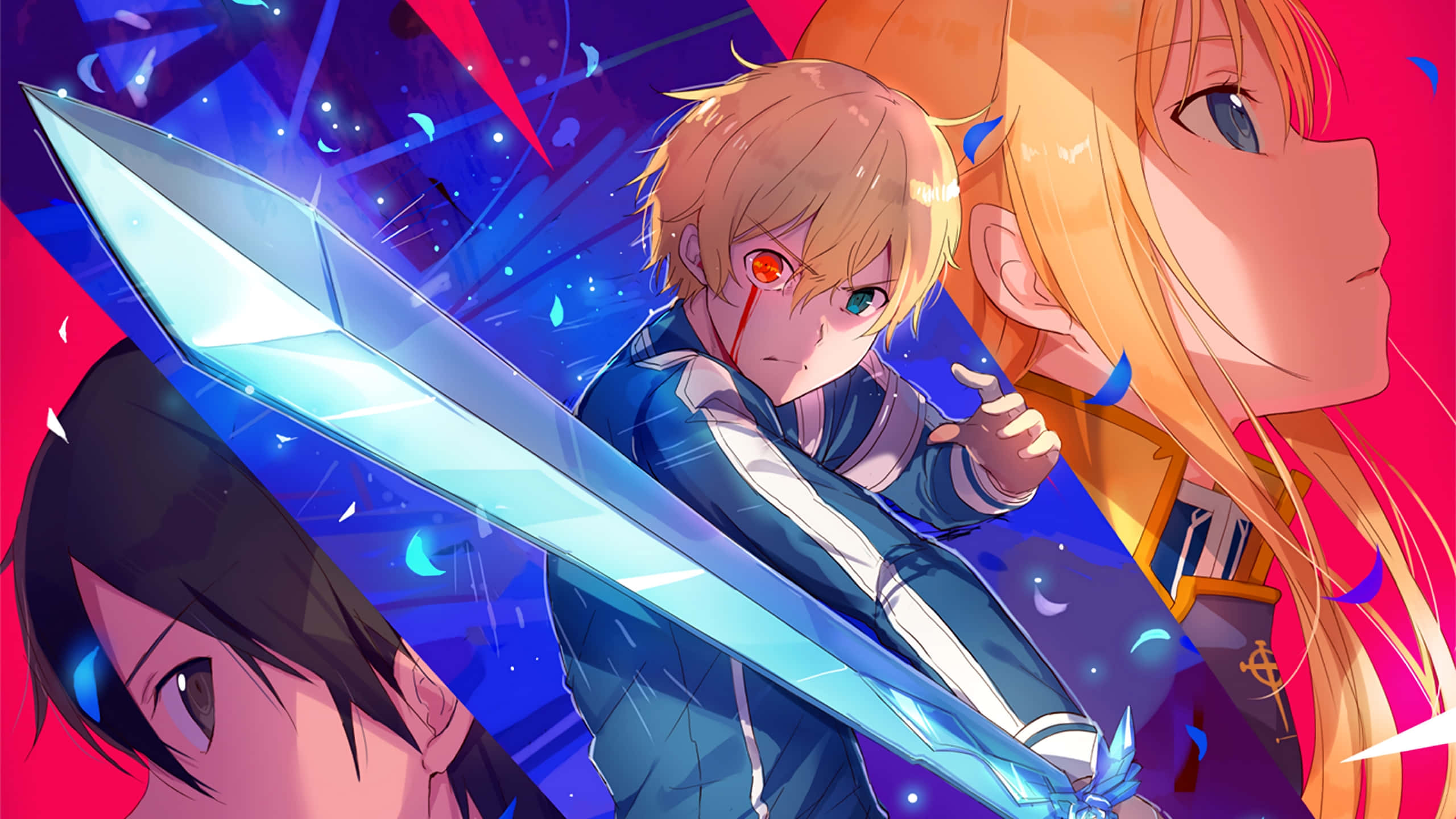 Sword Art Online Eugeo 桌布 壁紙 — 動漫角色以動感戰鬥姿勢手持發光劍，背景為宇宙紅藍色。